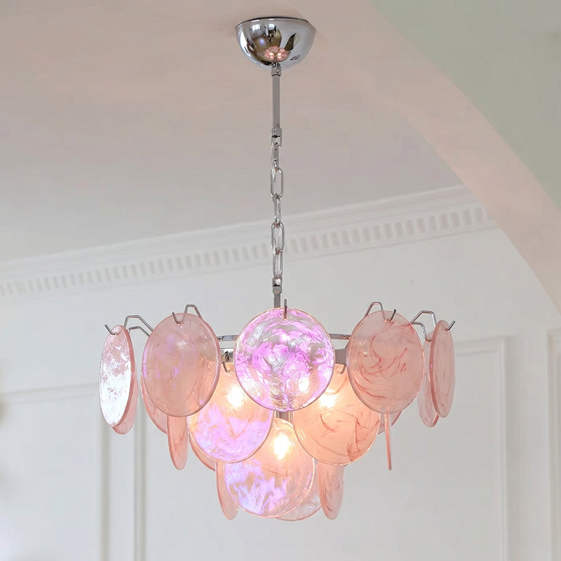 Brette green iridescent glass disk chandelier medium 23.6 inch size showing layered disc structure and suspension chain