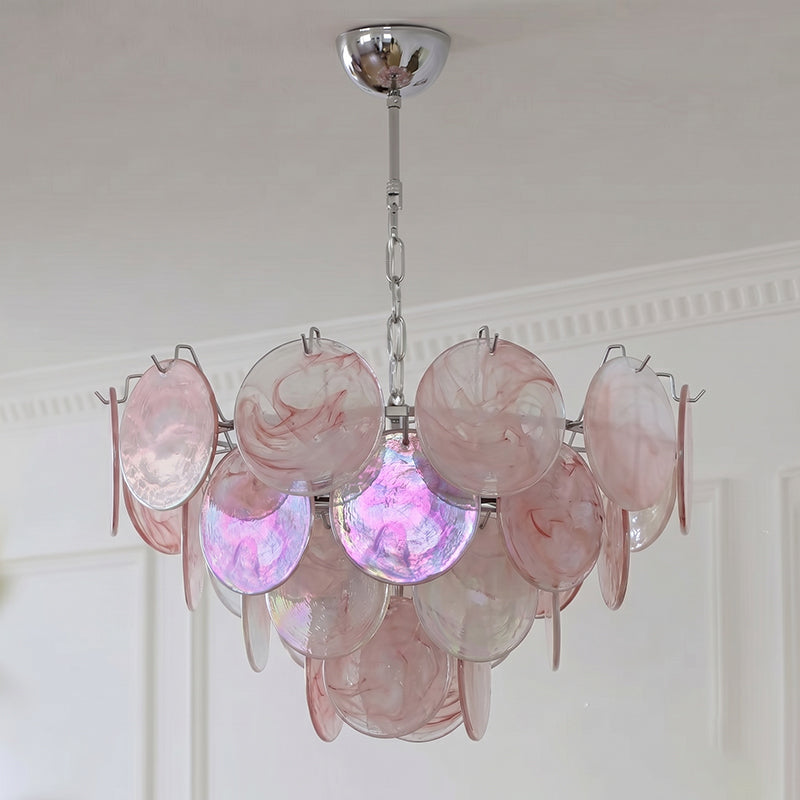 Brette pink glass disk chandelier medium 23.6 inch diameter showing cascading iridescent discs with chrome hardware