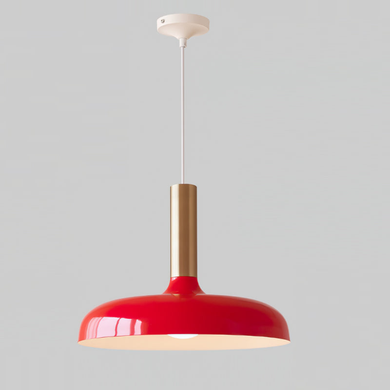 Julia red disc pendant lamp with gold metal stem, warm retro modern interior focal point