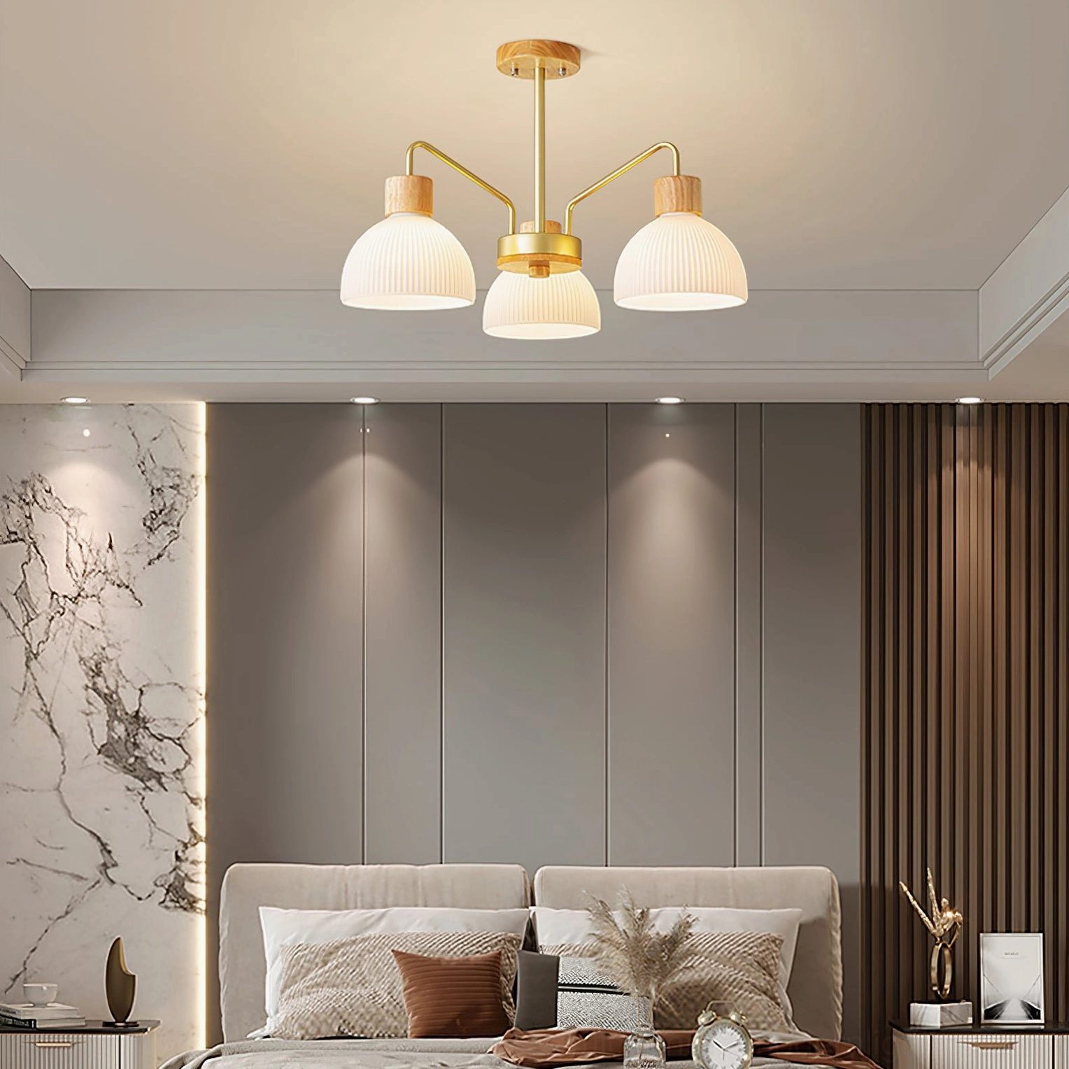 3-head smooth white glass chandelier in contemporary master bedroom with matte finish frame