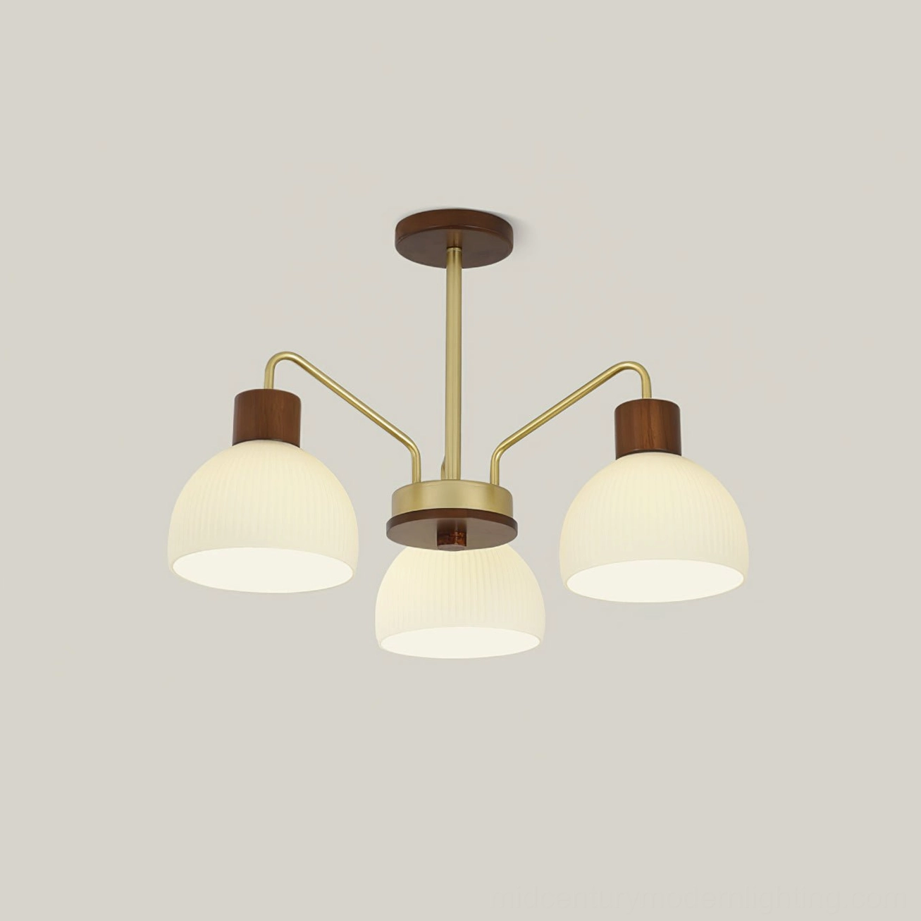 3-head ribbed glass chandelier in walnut wood color variant, studio photography