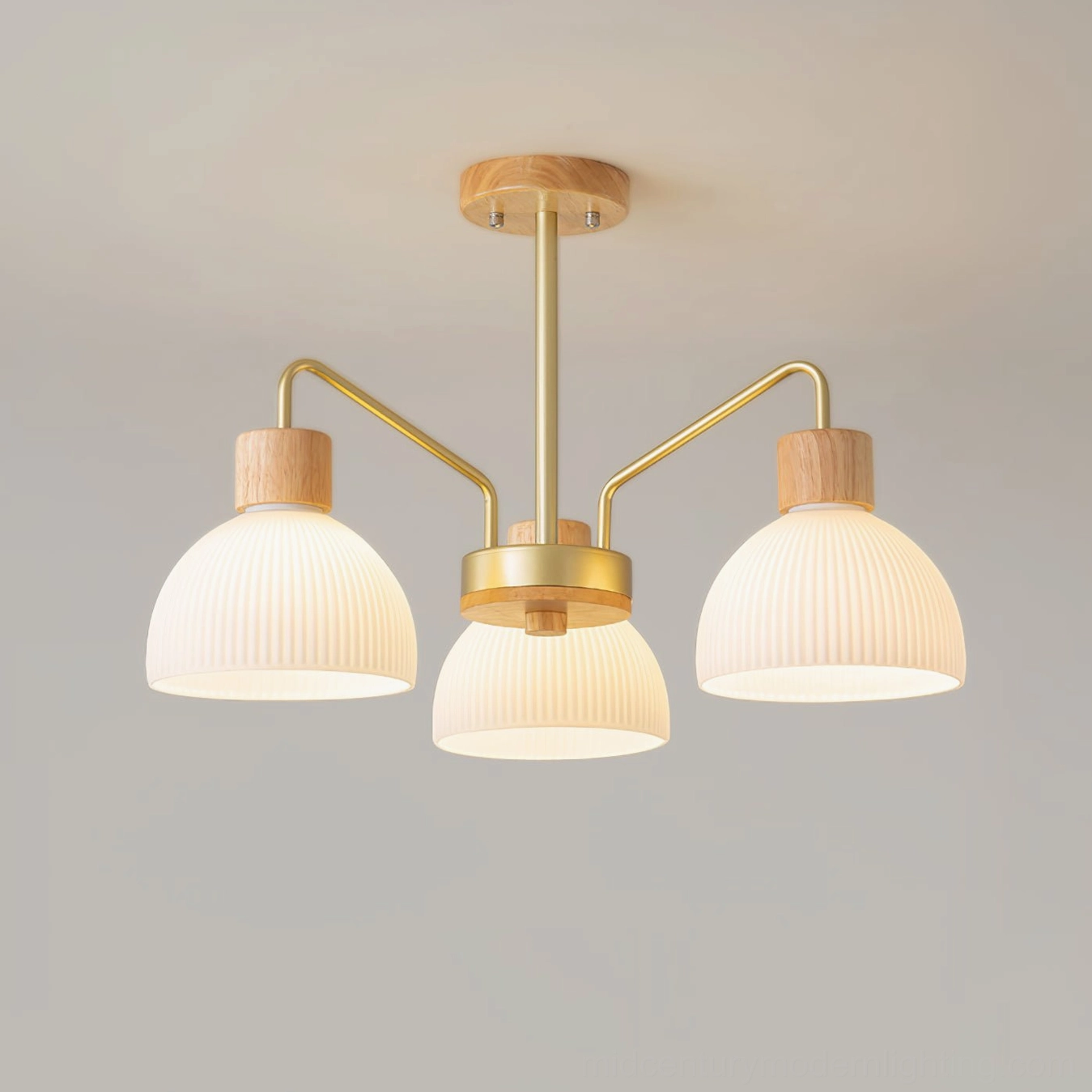 3-head ribbed glass chandelier in natural wood color finish for mid-century modern interiors