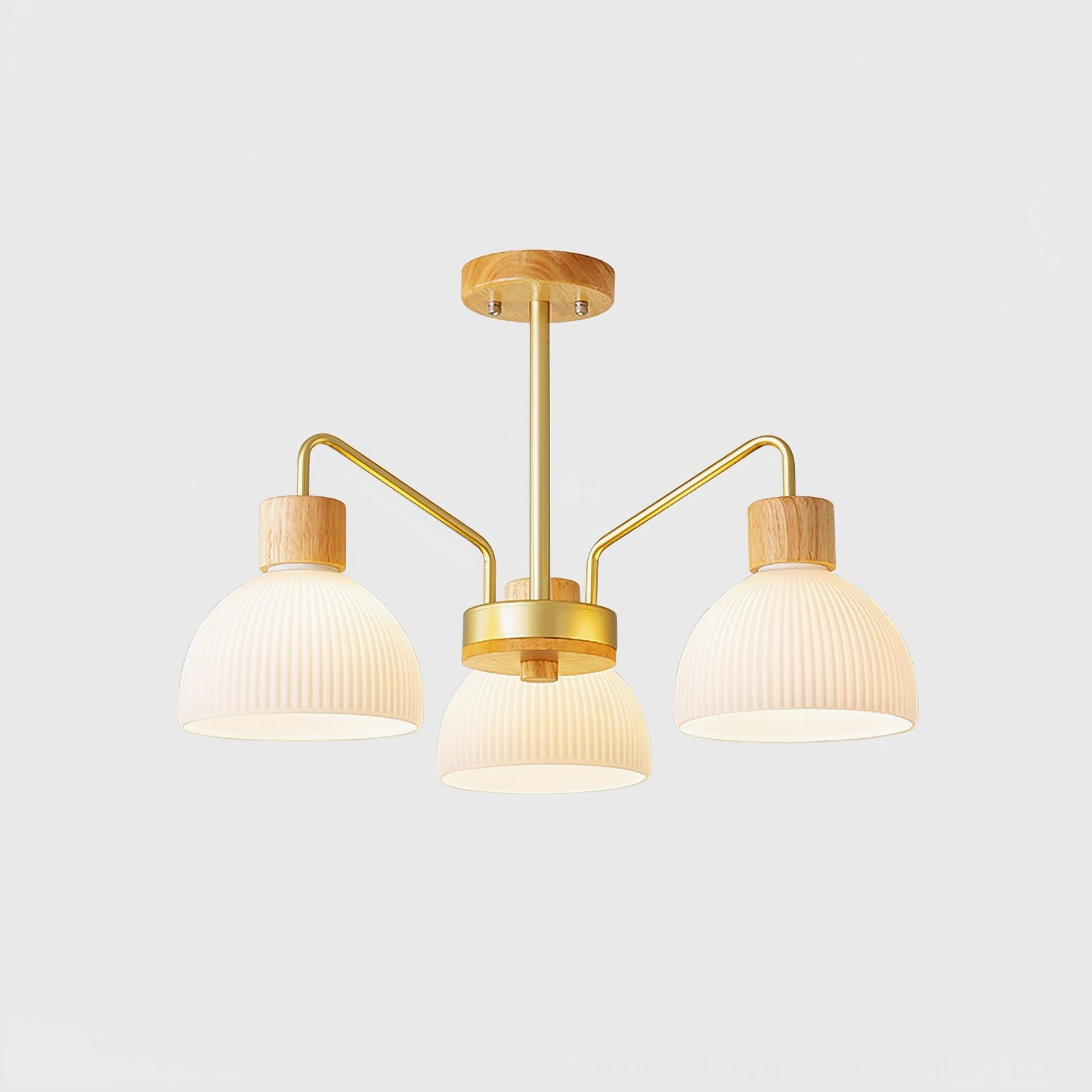 3-head ribbed glass chandelier with wooden ceiling cap and pleated frosted shades, studio view