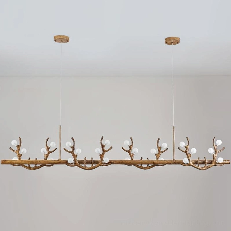 4-head antler branch chandelier mid-size walnut finish installed in modern farmhouse interior setting