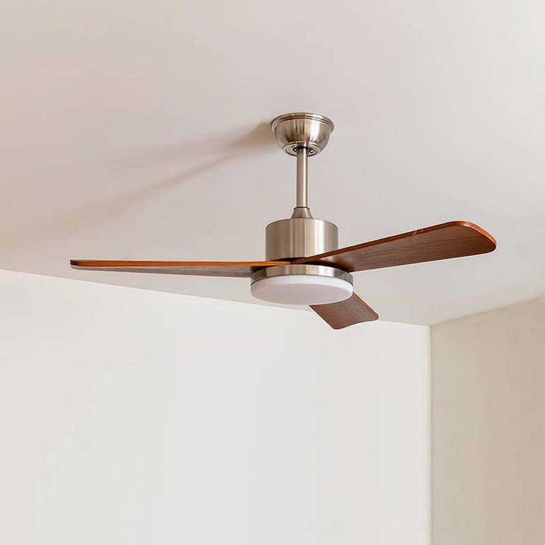 42 inch diameter Scandinavian ceiling fan light with integrated LED, walnut and chrome finish, modern living room installation