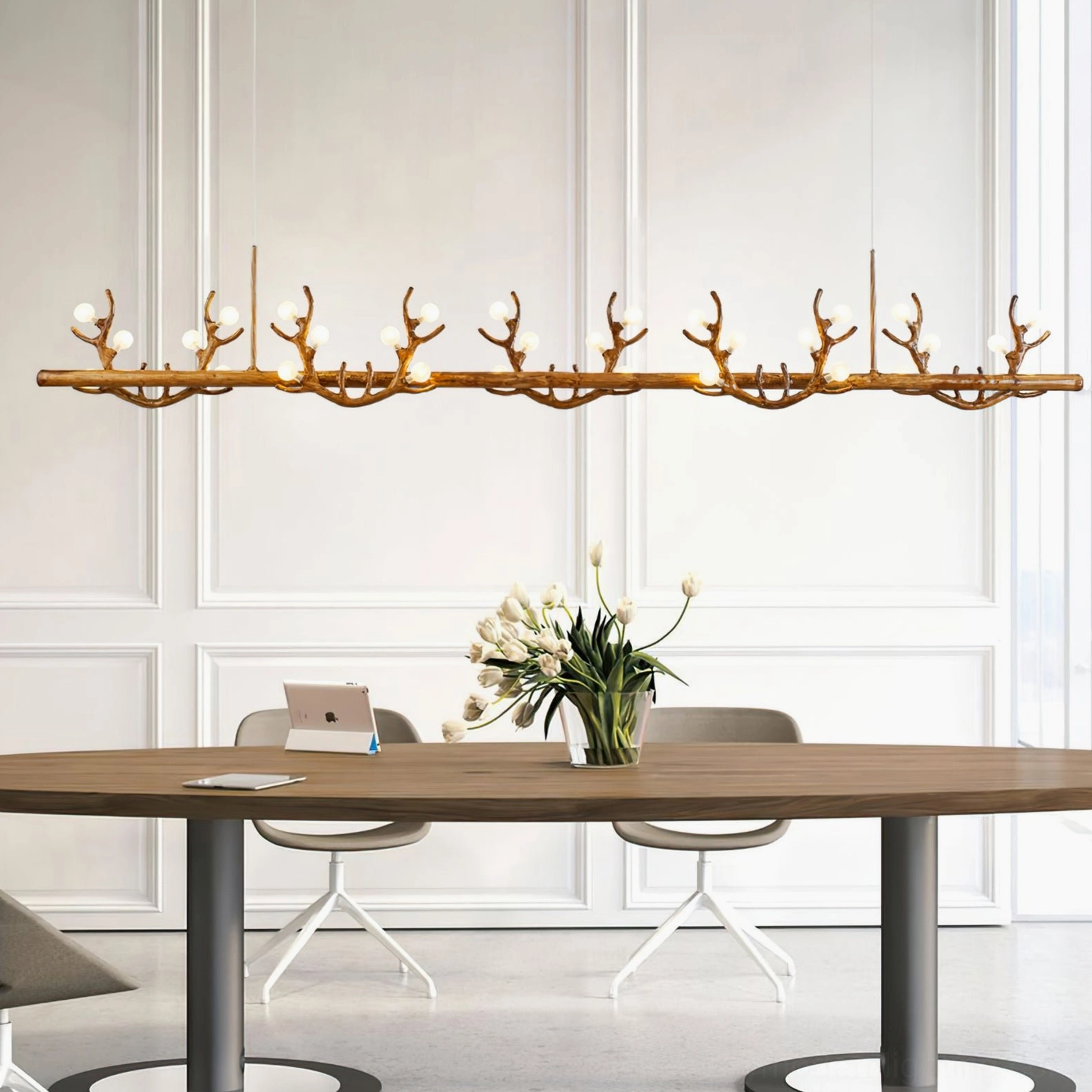 5-head antler branch linear chandelier maximum size configuration in contemporary minimalist interior space