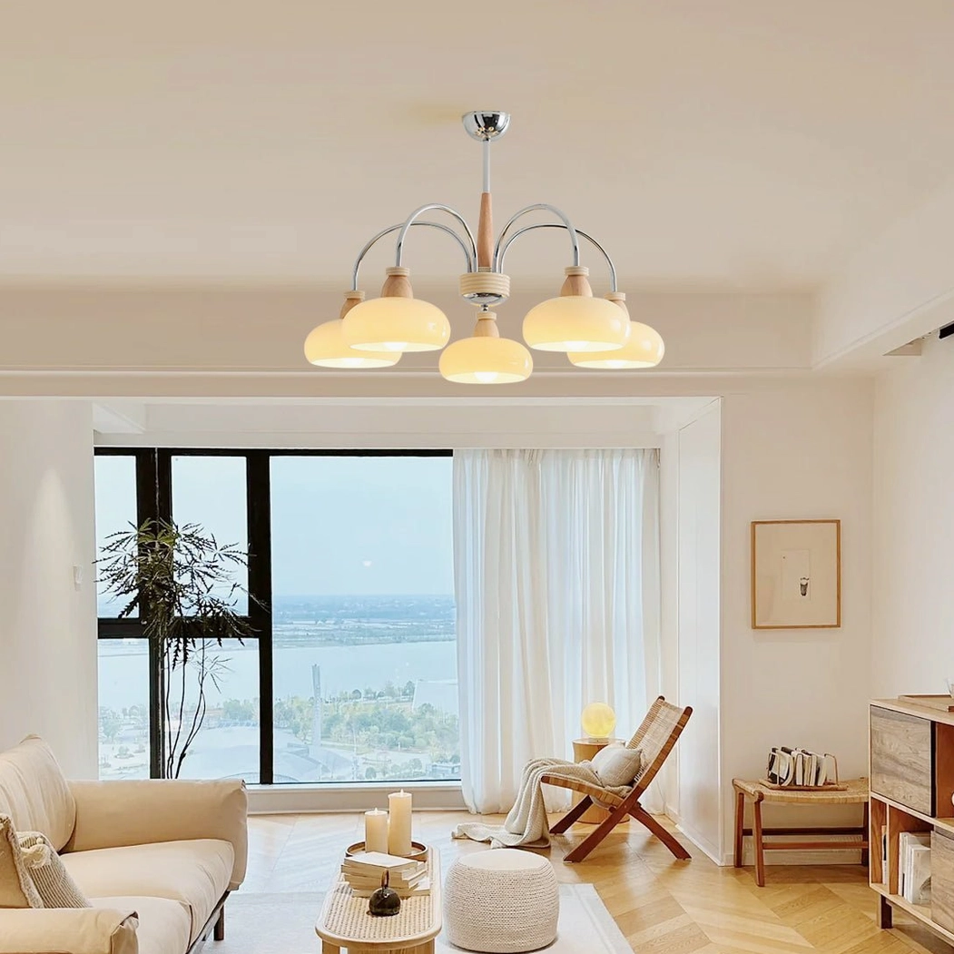 5-light persimmon wood pendant chandelier in contemporary minimalist living room with lake view window