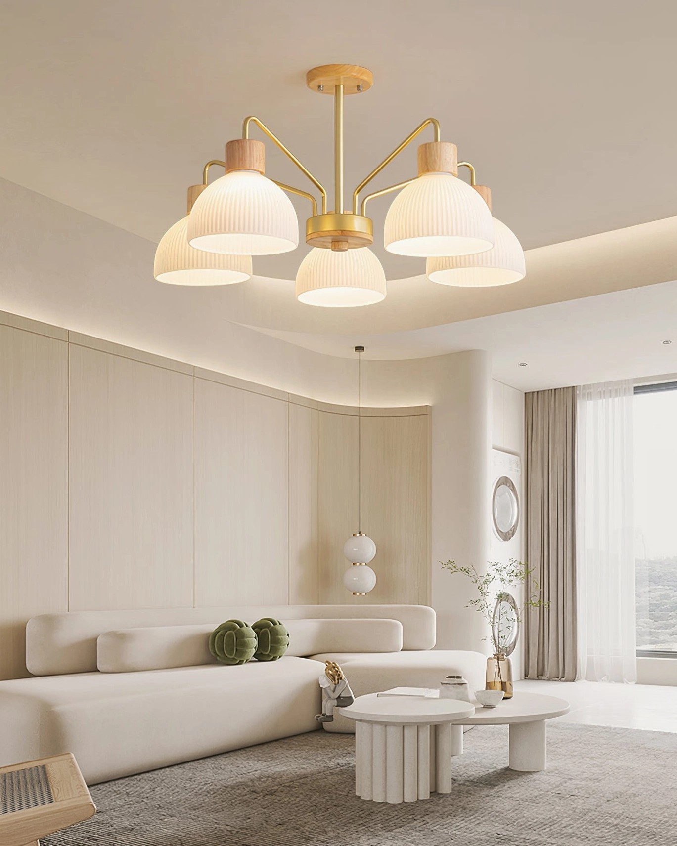 5-head ribbed glass chandelier in walnut wood finish showing warm metallic and wood tones