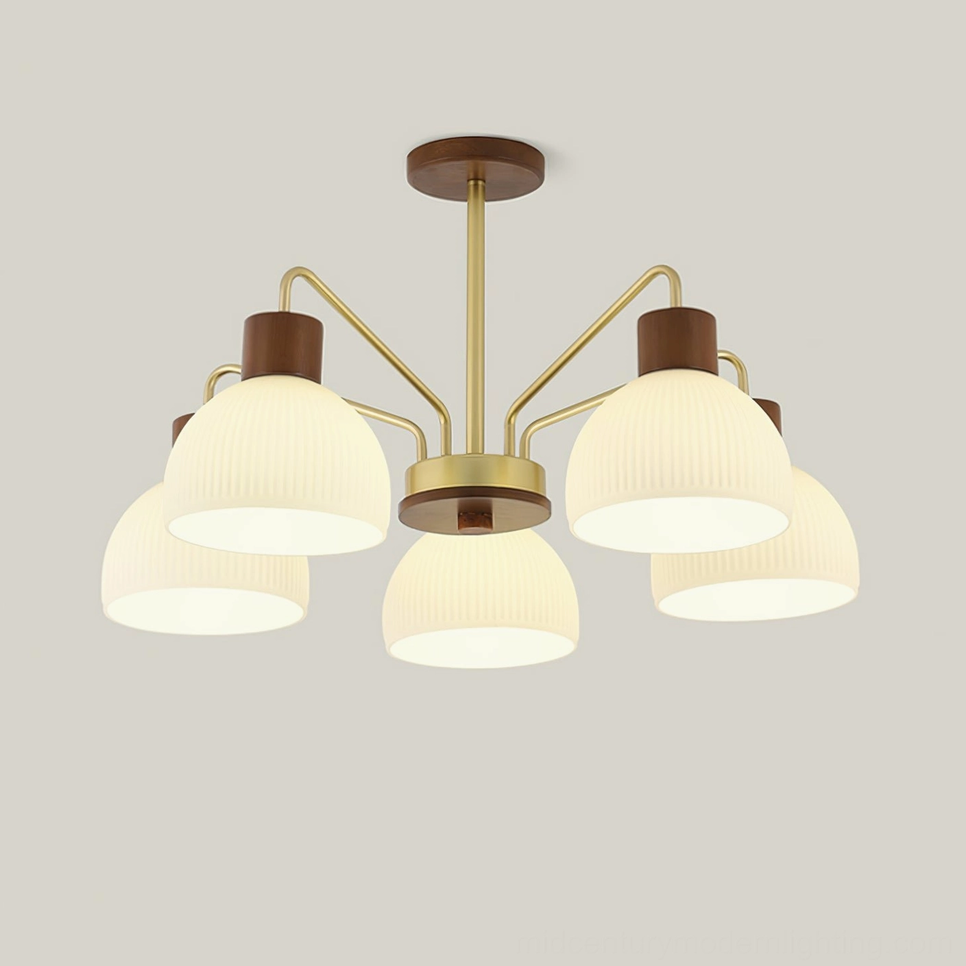 5-head ribbed glass chandelier in walnut wood color finish, overhead view showing full span