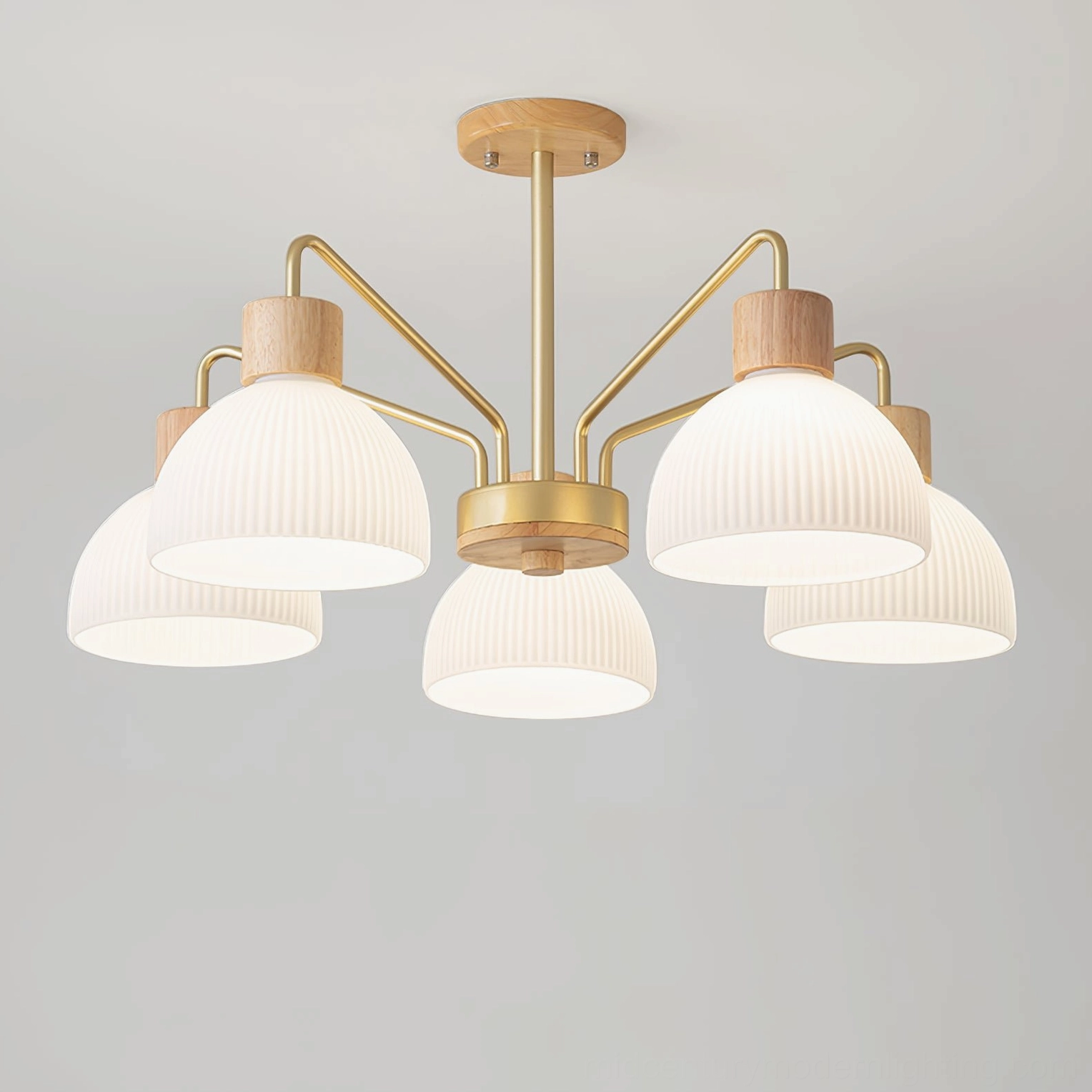 5-head ribbed glass chandelier in wood color finish, showing mid-century modern design aesthetic