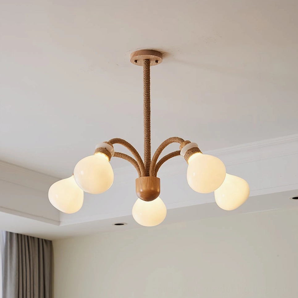5-head wooden rope chandelier with warm frosted bulbs showing mid-sized option for standard living spaces