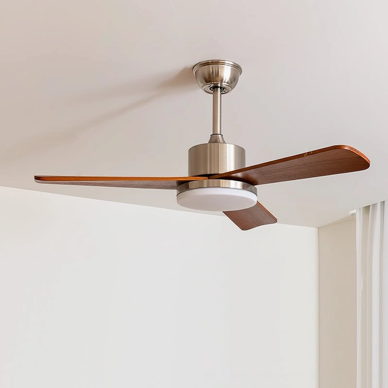52 inch diameter modern ceiling fan light with three-color changing LED, brushed metal and walnut finish, spacious room application