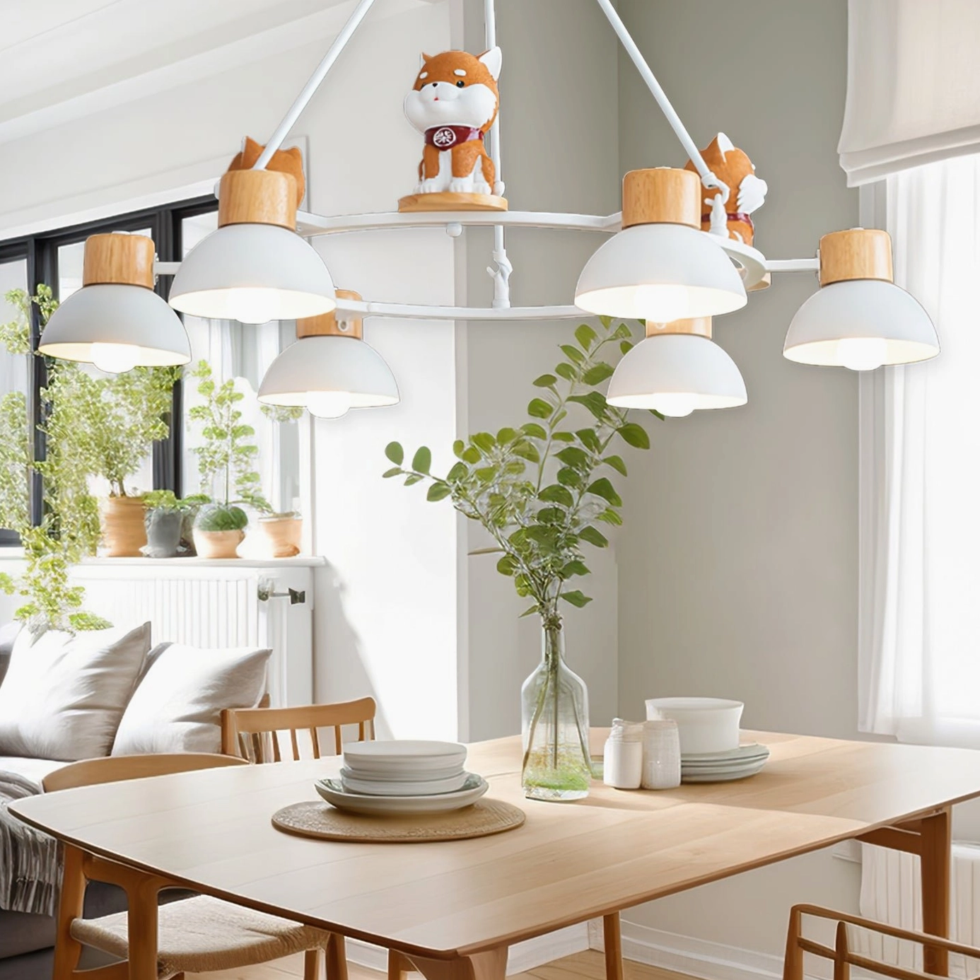 6-head Shiba Inu pendant chandelier in modern dining room with tableware, natural wood and white tones