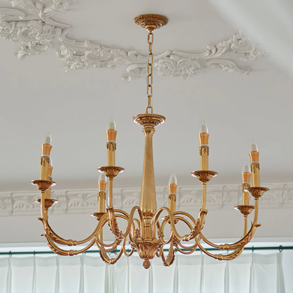 8-head brass candle chandelier in polished gold with carved details and classic European design
