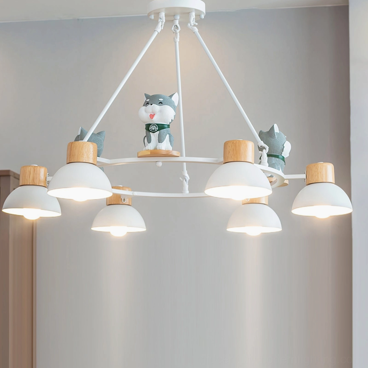 8-head grey Shiba Inu themed pendant chandelier, minimalist Nordic design with white and wood finish