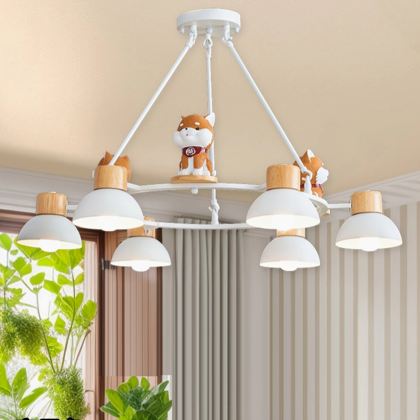 8-head Shiba Inu pendant chandelier suspended in dining area with windows, green plants, and cozy Nordic setting