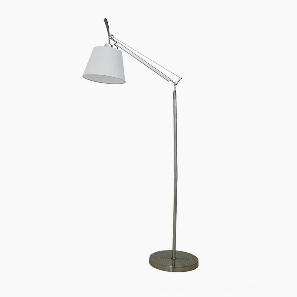Adjustable swing arm floor lamp detail view, precision engineering metal joints and fabric shade construction