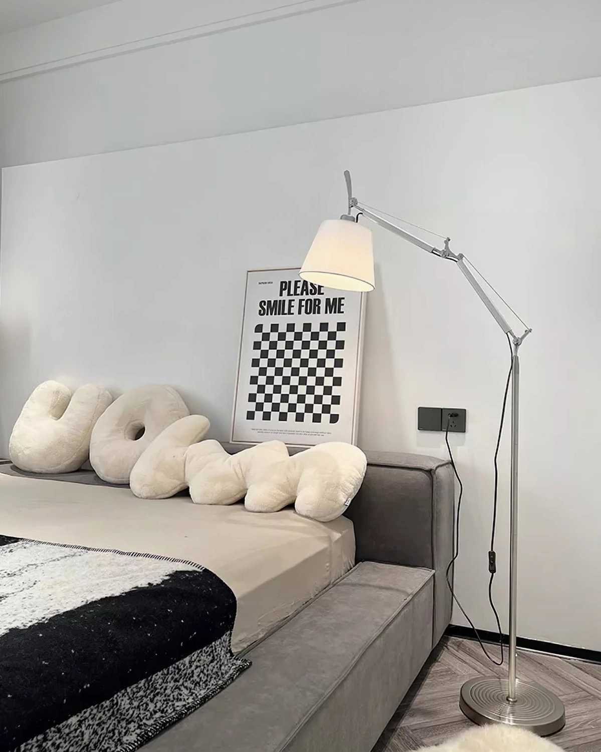Adjustable swing arm floor lamp with metal articulation, neutral fog silver and white color palette modern design