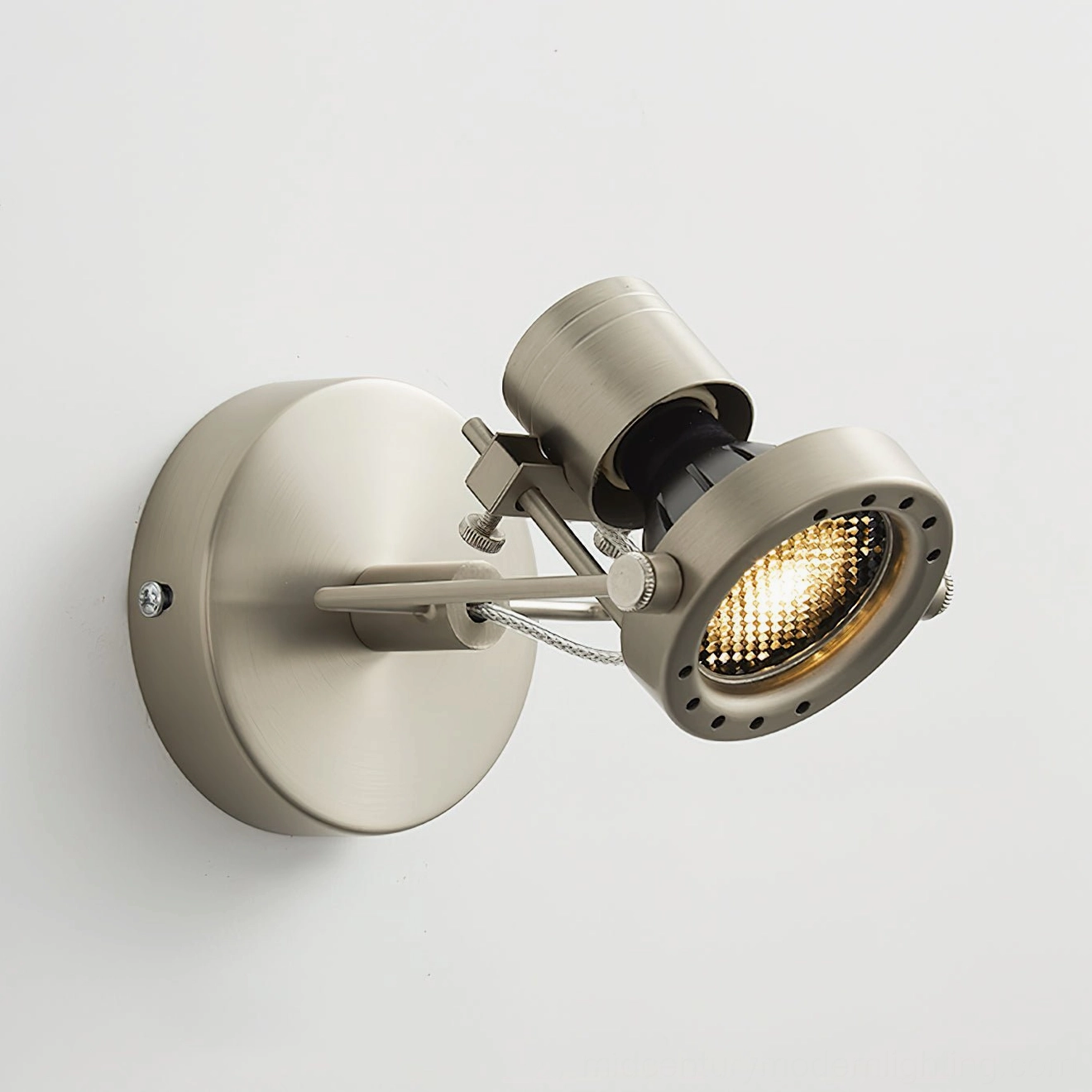 Right-side perspective of adjustable wall spotlight showing empty GU10 socket and flexible joint articulation