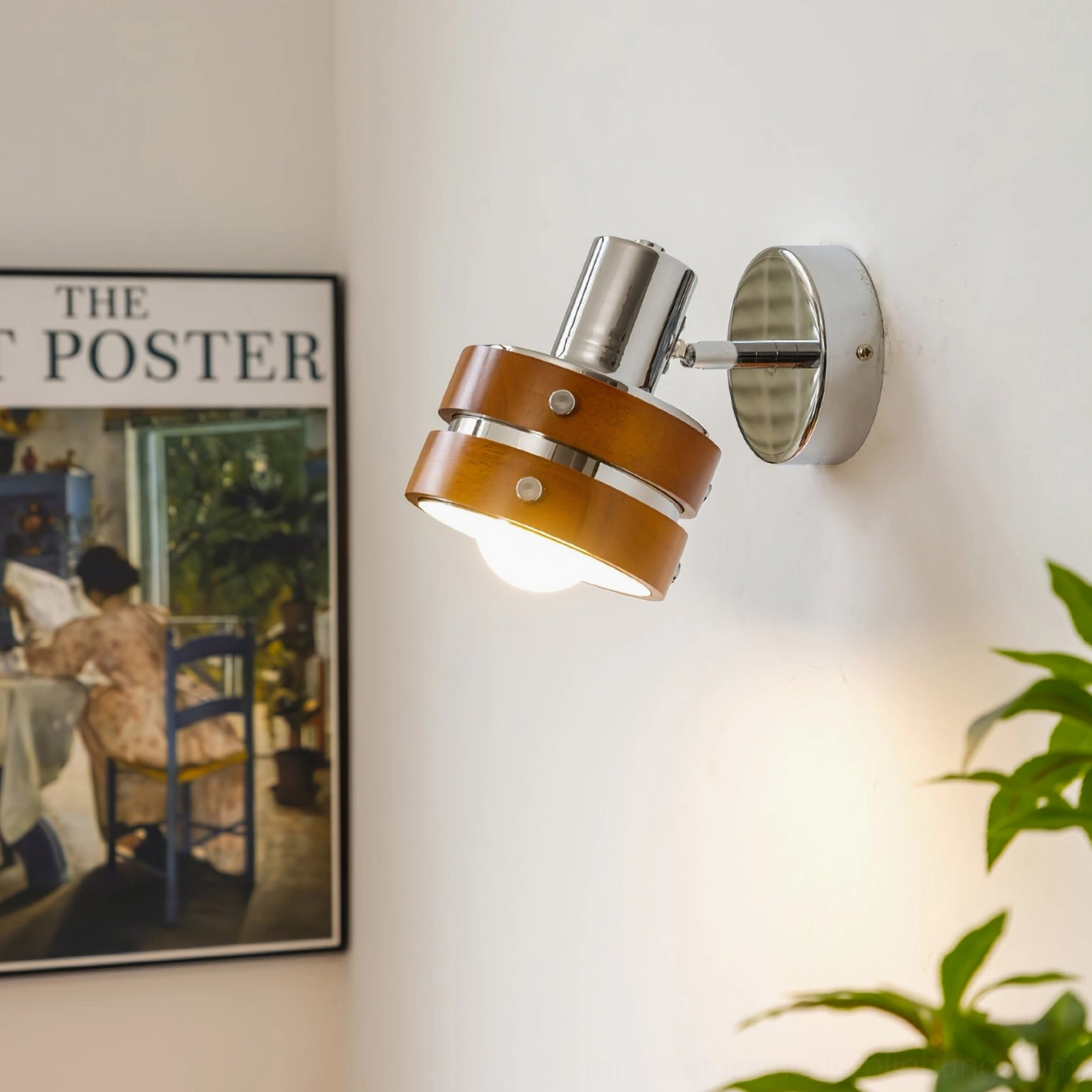 Adjustable wall-mounted sconce with rotatable head, nordic design in modern bedroom corner
