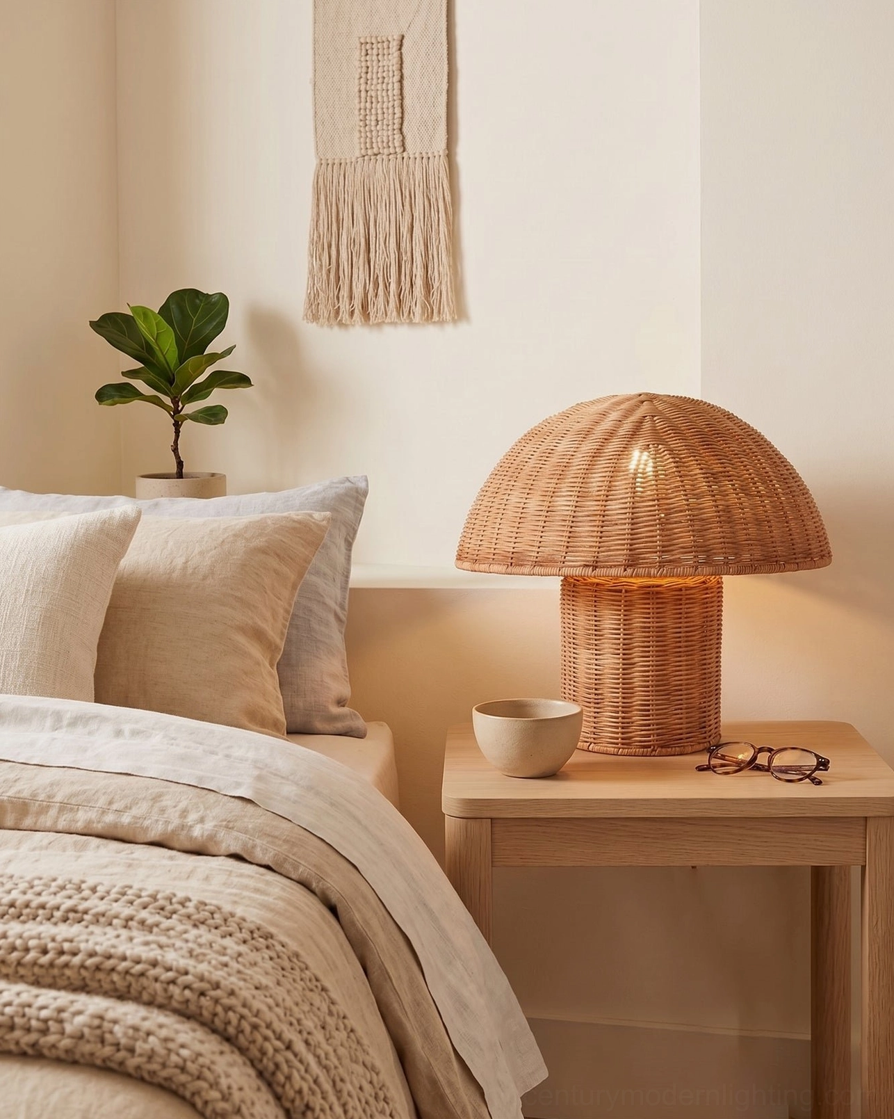 Aero rattan mushroom table lamp on wooden nightstand in bohemian bedroom with neutral warm tones