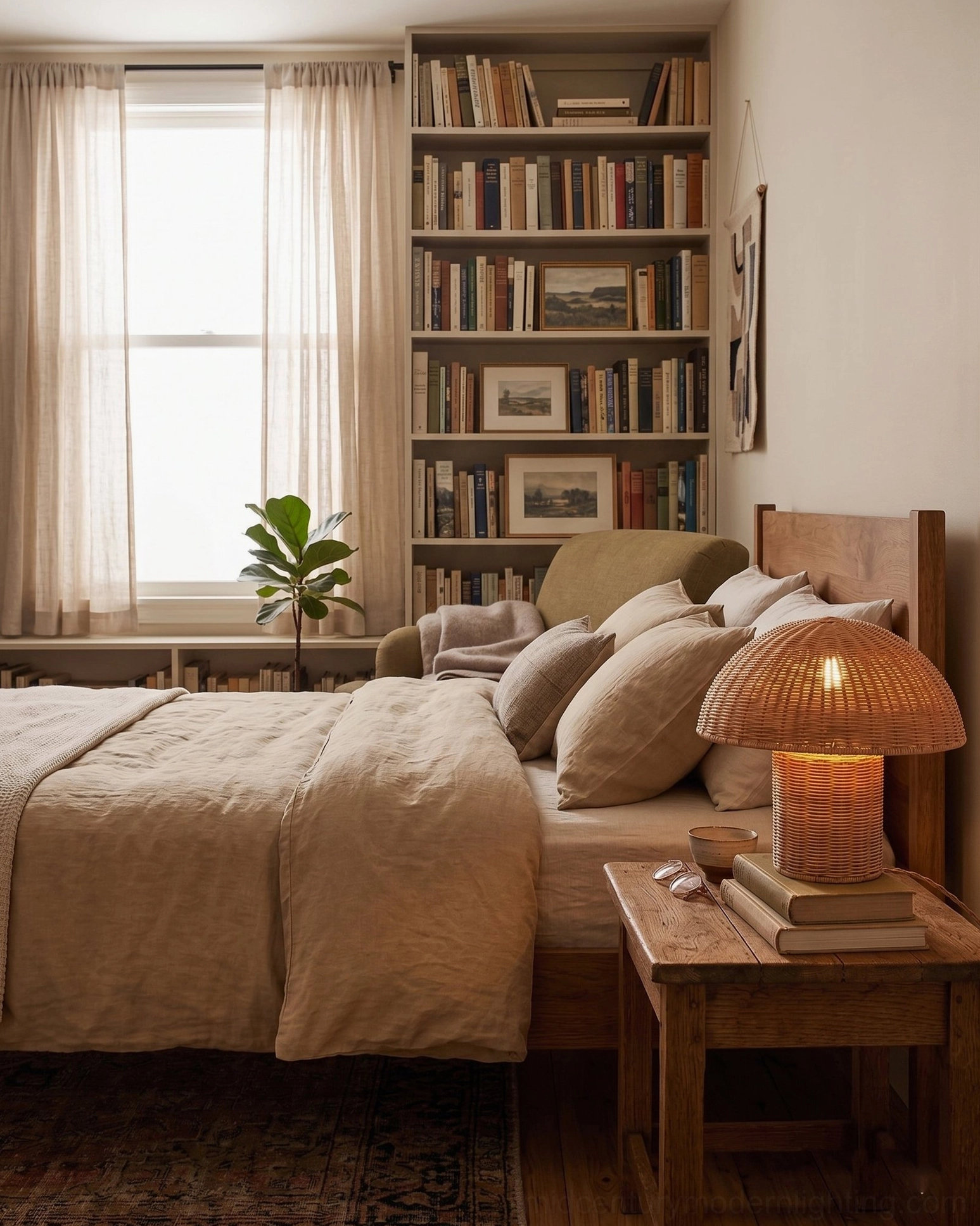 Aero rattan mushroom lamp on small wooden side table in cozy bedroom nook