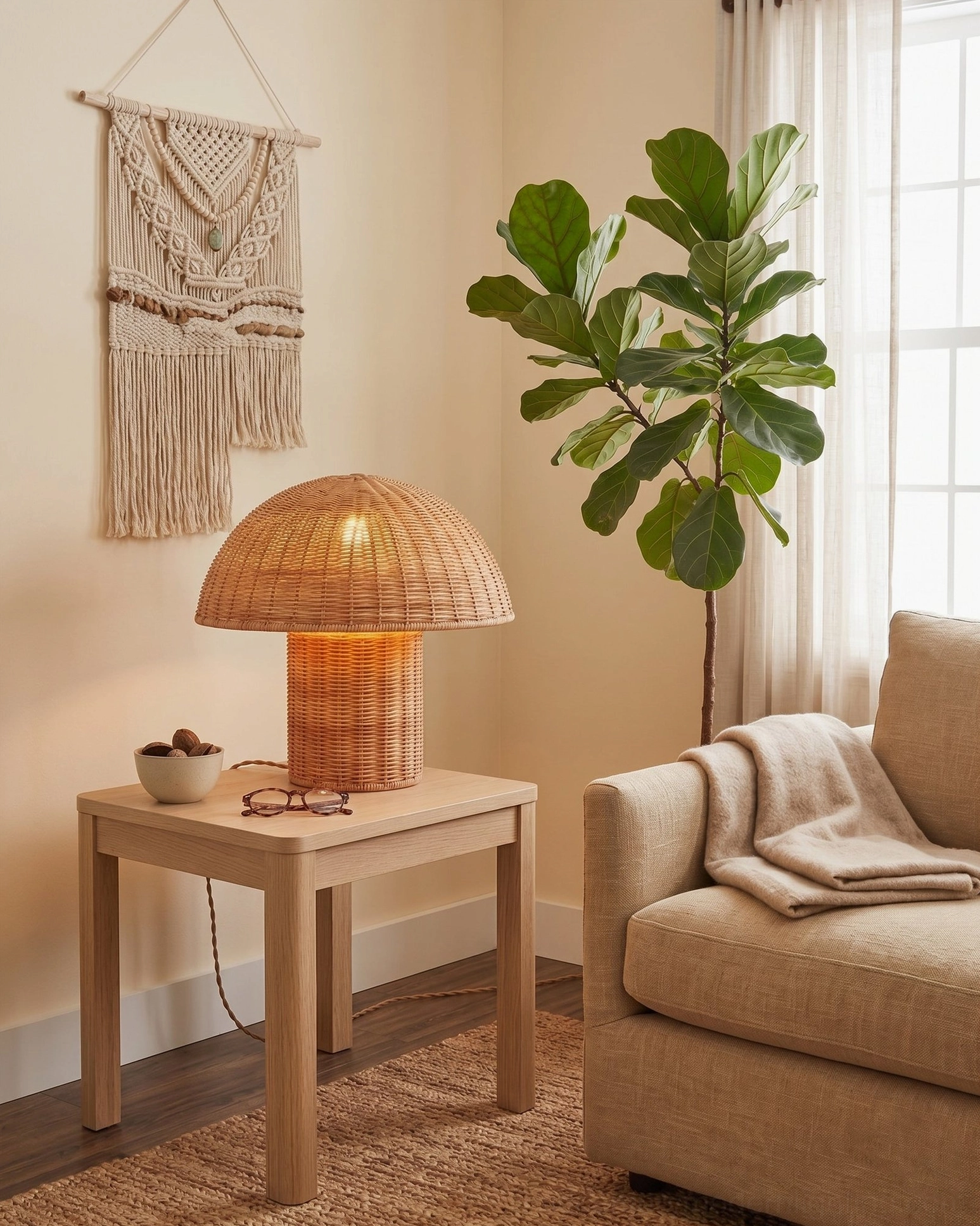 Aero rattan mushroom lamp in boho living room with macramé wall hanging and floor plant