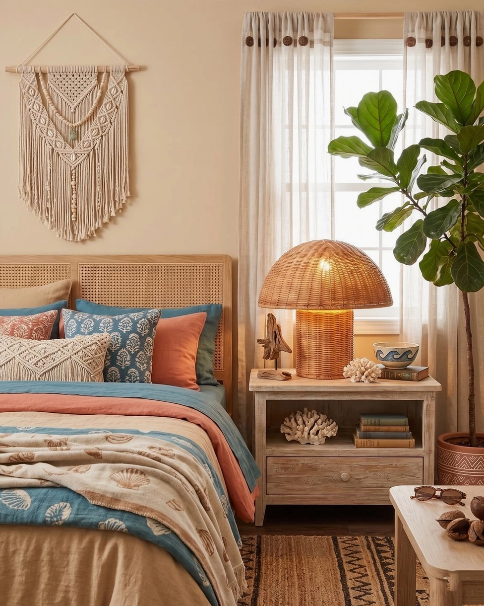 Aero rattan mushroom lamp on woven bedside cabinet in styled master bedroom with natural decor