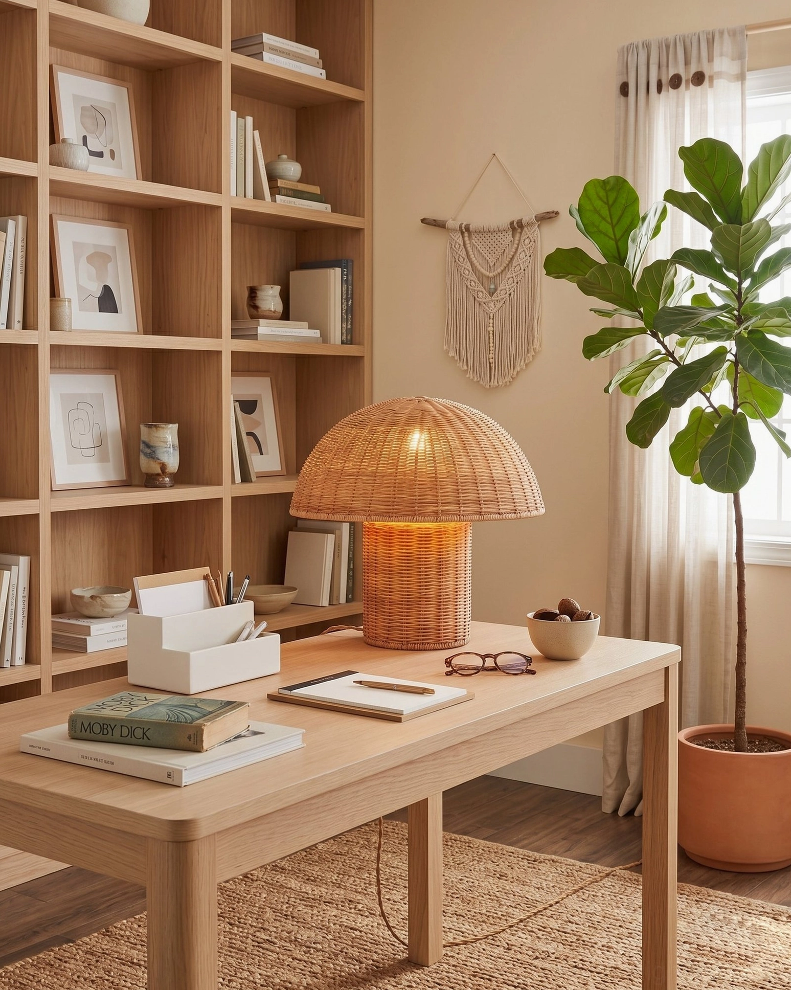 Aero rattan mushroom lamp in modern home office workspace with wooden desk and bookshelf