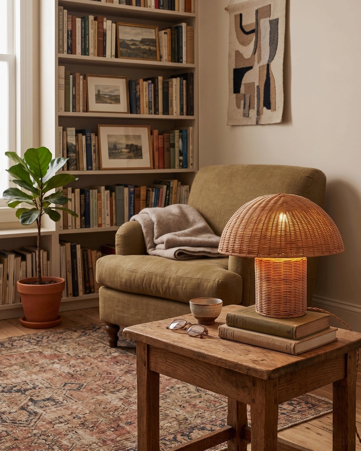 Aero rattan mushroom lamp beside fabric armchair and full bookshelf reading lounge area