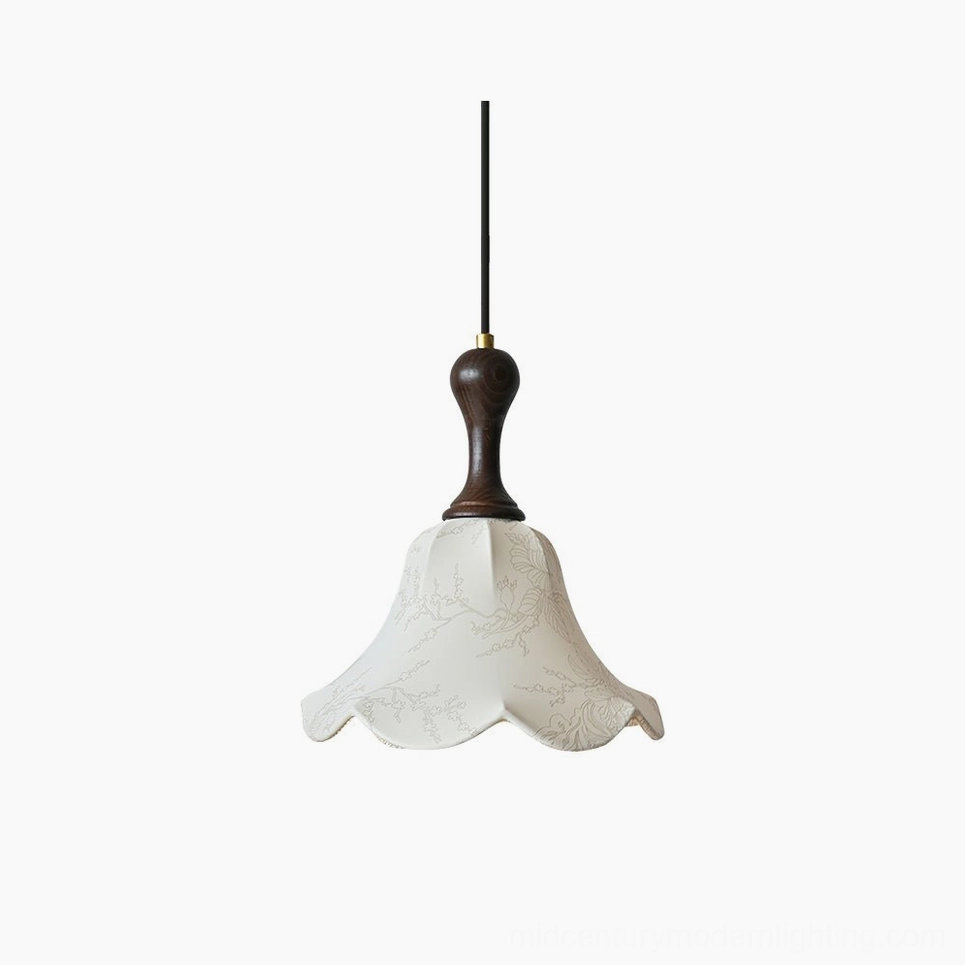 Extreme close-up of Agnes pendant light shade showing delicate floral embroidery and scalloped flower edge