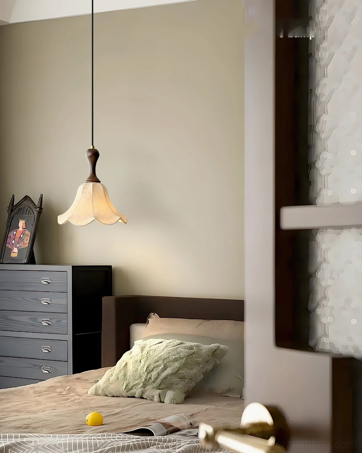 Agnes pendant light creating warm ambiance in master bedroom with dresser and soft neutral bedding