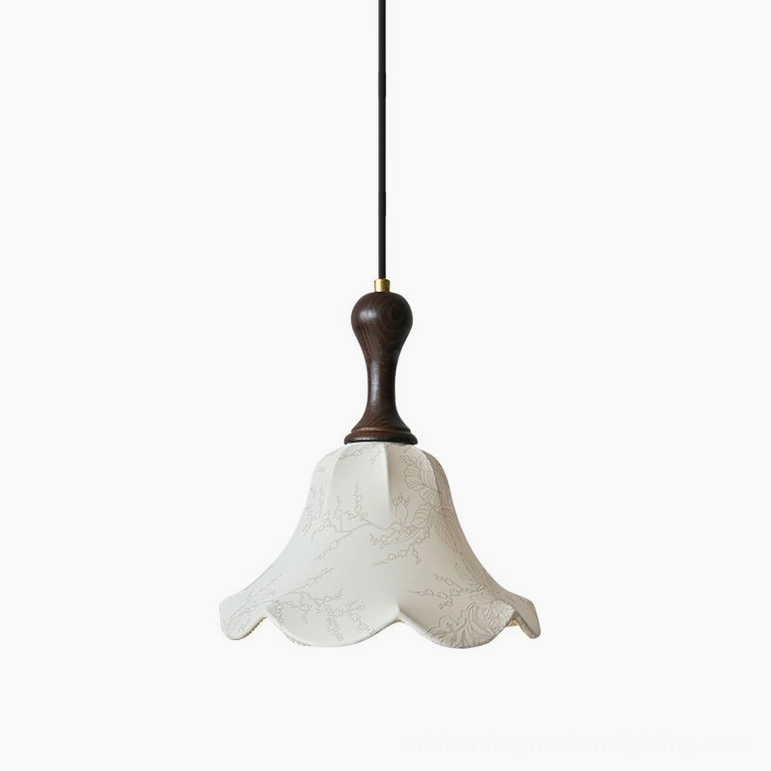 Agnes floral fabric pendant light with walnut wood top, detailed embroidery on white background