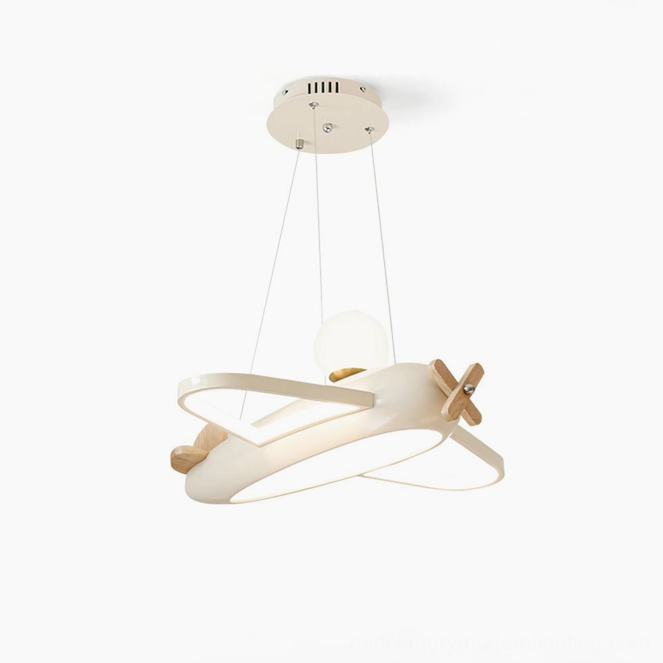 Aircraft pendant lamp front view highlighting sculptural propeller and form