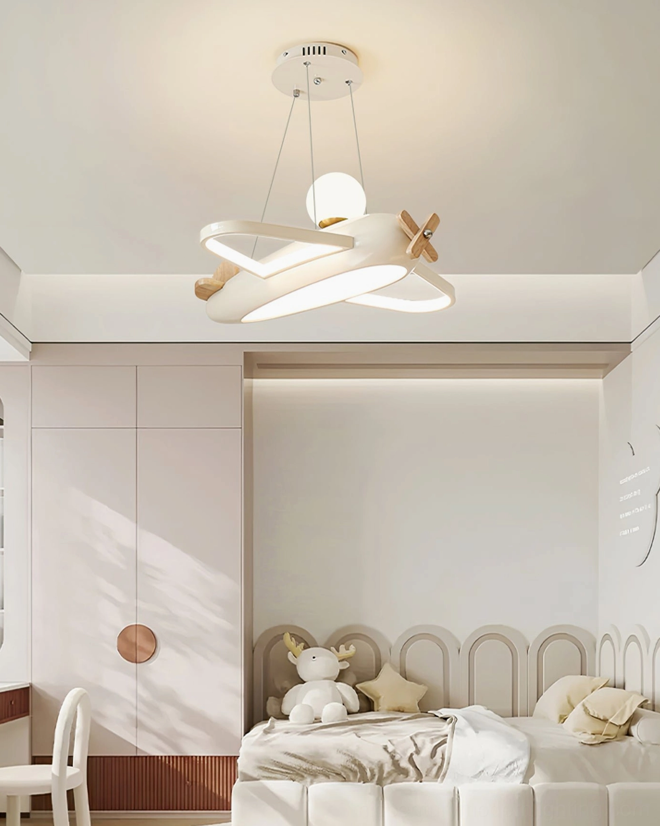 Aircraft pendant lamp sculptural form combining metal and wood materials
