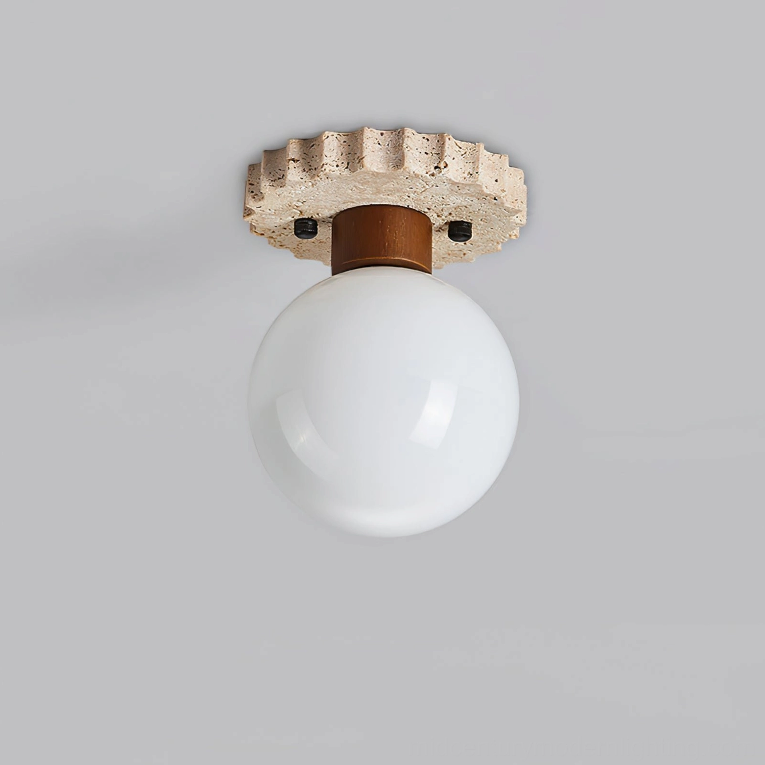Unlit Aisle ceiling lamp with travertine base and pristine white spherical glass shade, side front profile