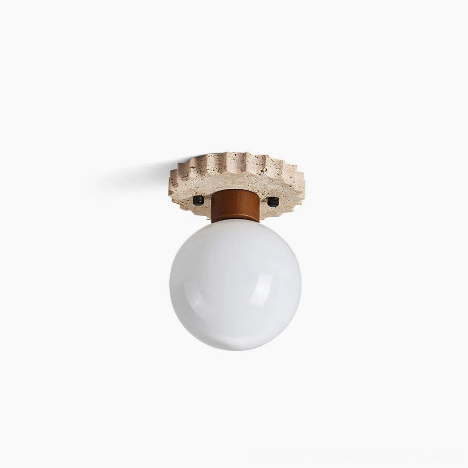 Aisle travertine ceiling lamp with frosted glass globe, side profile view showcasing organic stone texture and minimalist spherical design