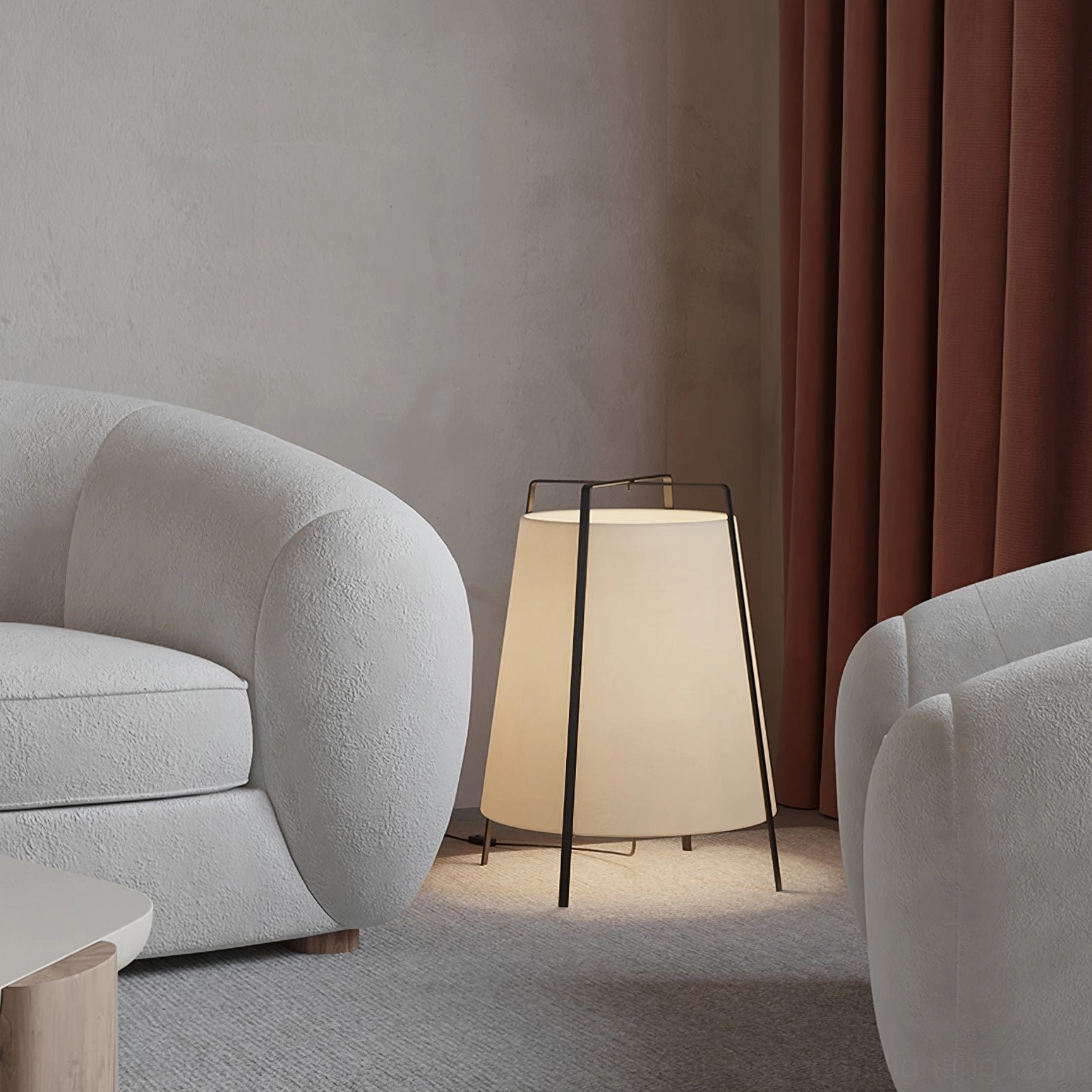 Akane table lamp on console table with botanical plants and neutral interior decor