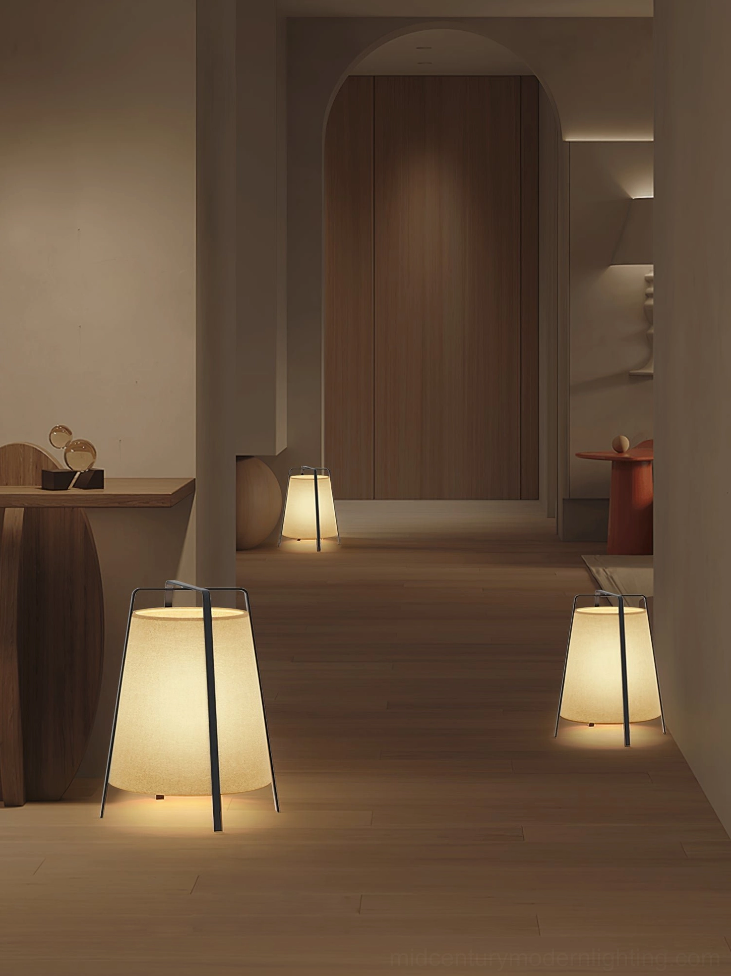 Akane table lamp creating soft directional lighting in contemporary home office workspace