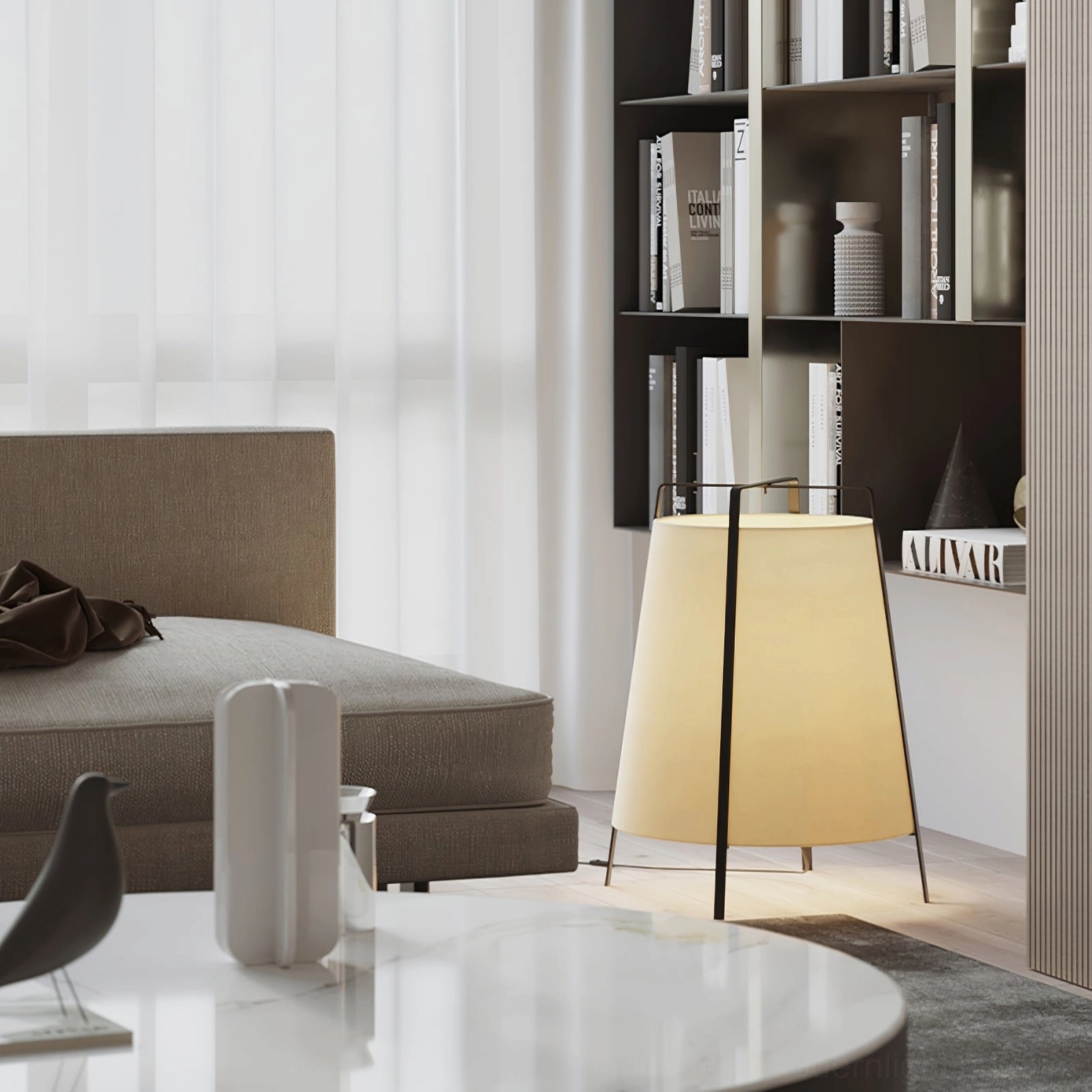 Two Akane table lamps creating symmetrical ambient lighting in modern bedroom interior