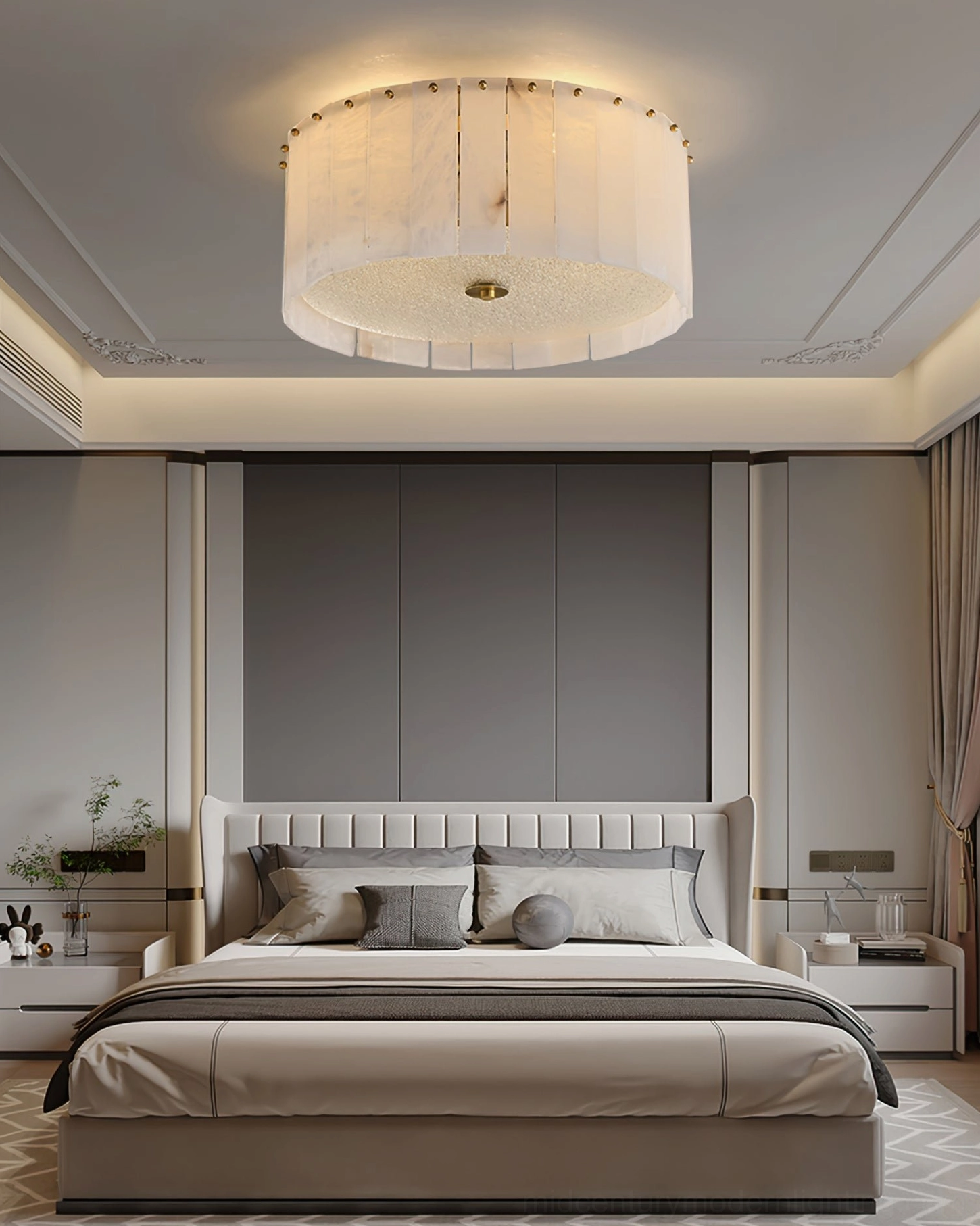 Alabaster ceiling lamp in master bedroom with dark accent wall, minimalist luxury design