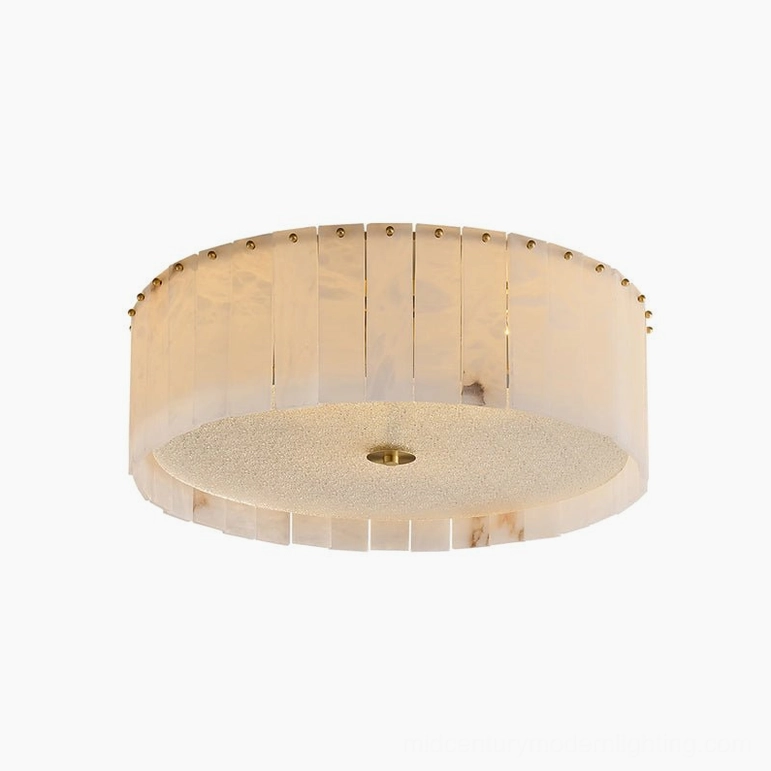 Large alabaster drum ceiling light 60cm diameter, brass frame white alabaster mid-century fixture