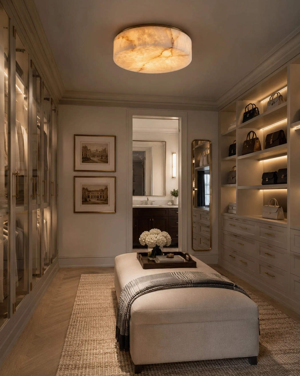 Alabaster round ceiling light providing warm illumination in walk-in dressing room with built-in storage and neutral warm decor