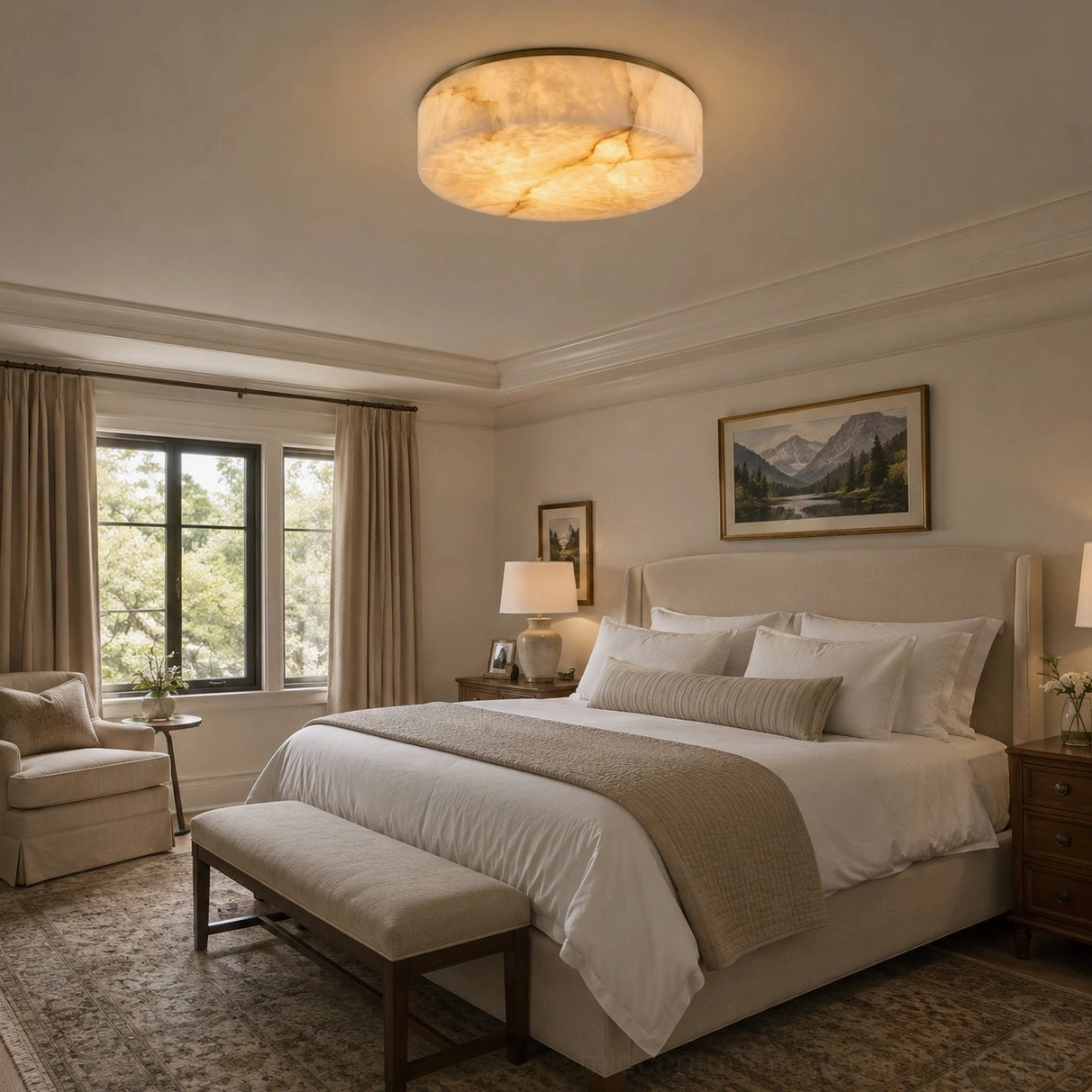 Carrara alabaster ceiling flush mount providing soft ambient lighting in master bedroom with neutral traditional decor
