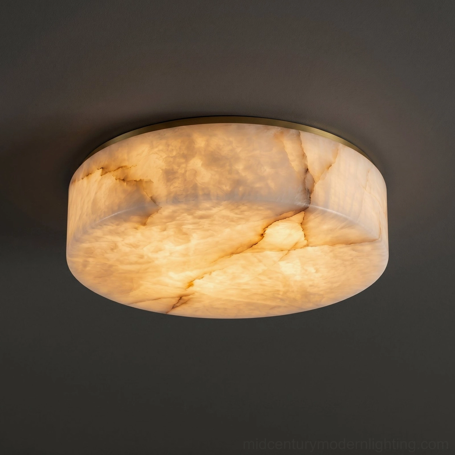 Natural alabaster stone ceiling fixture with translucent warm marble glow, showcase of quiet luxury lighting design