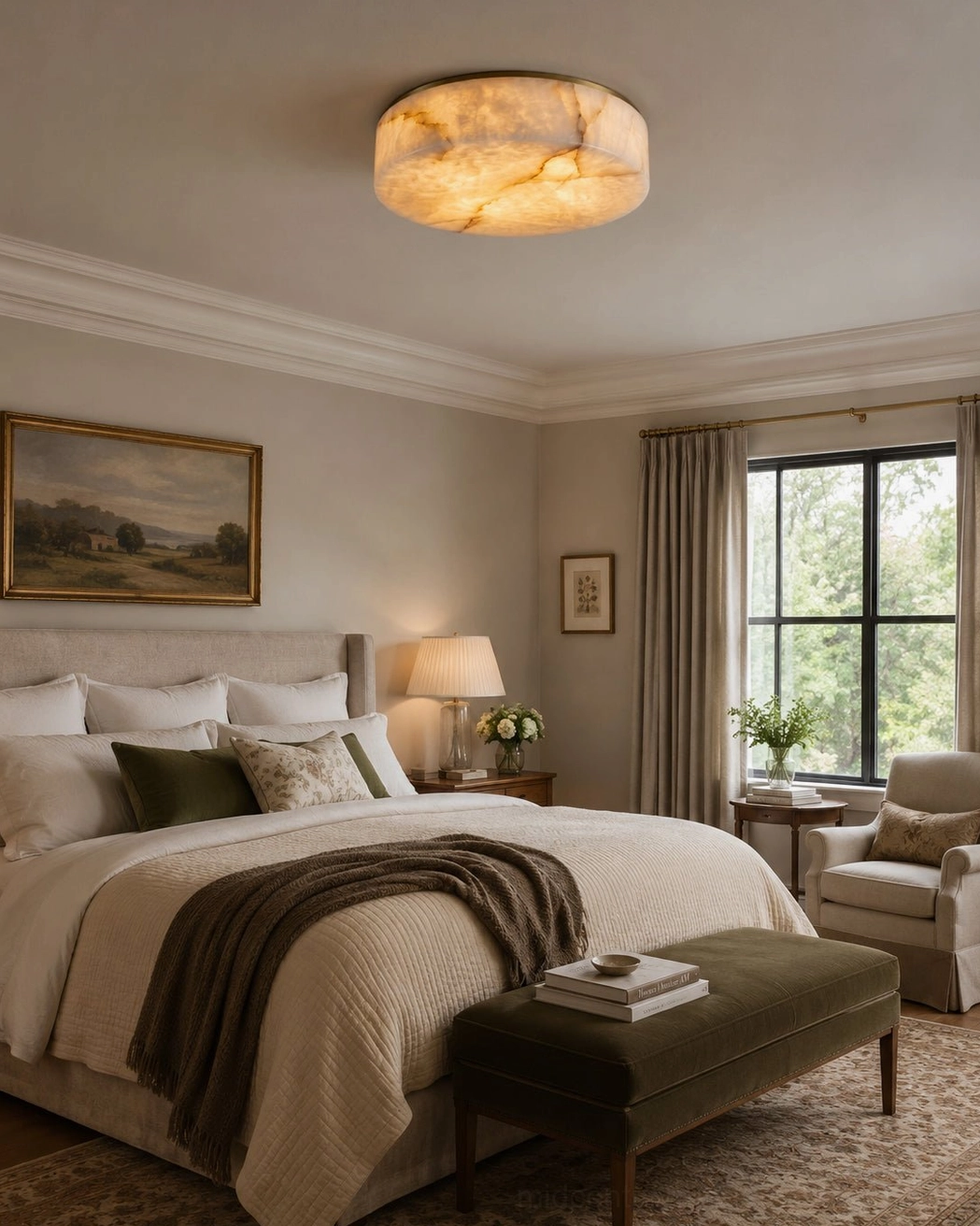 Warm white alabaster round ceiling light creating cozy ambient glow in traditional bedroom interior design