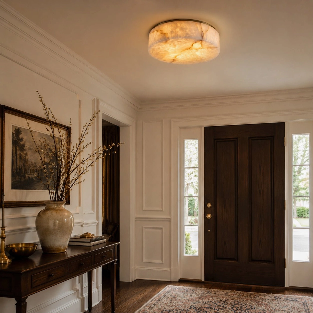 Warm glowing alabaster marble ceiling light fixture in traditional foyer entryway with elegant architectural details