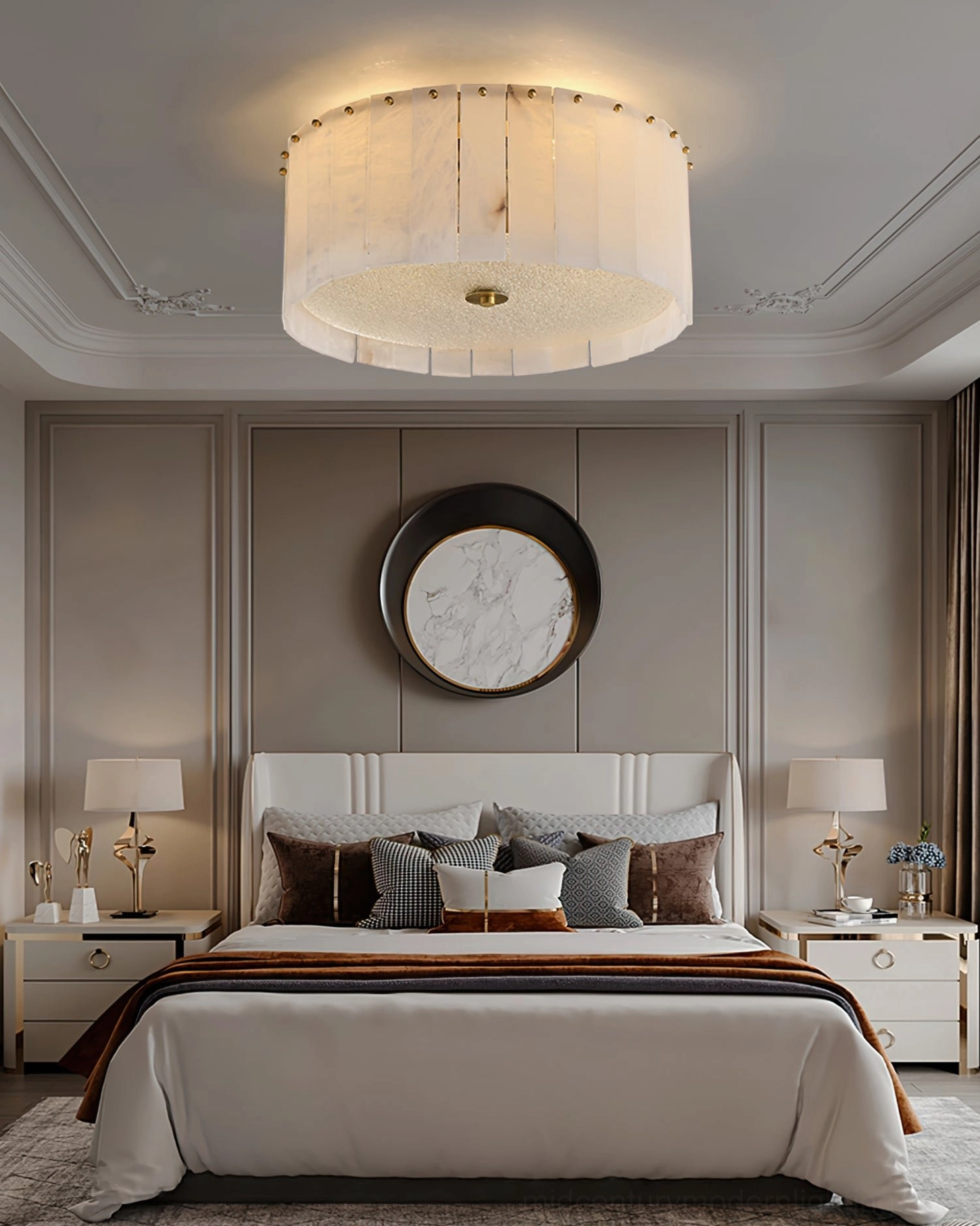 Alabaster drum ceiling light medium size variant, white and brass finish mid-century modern