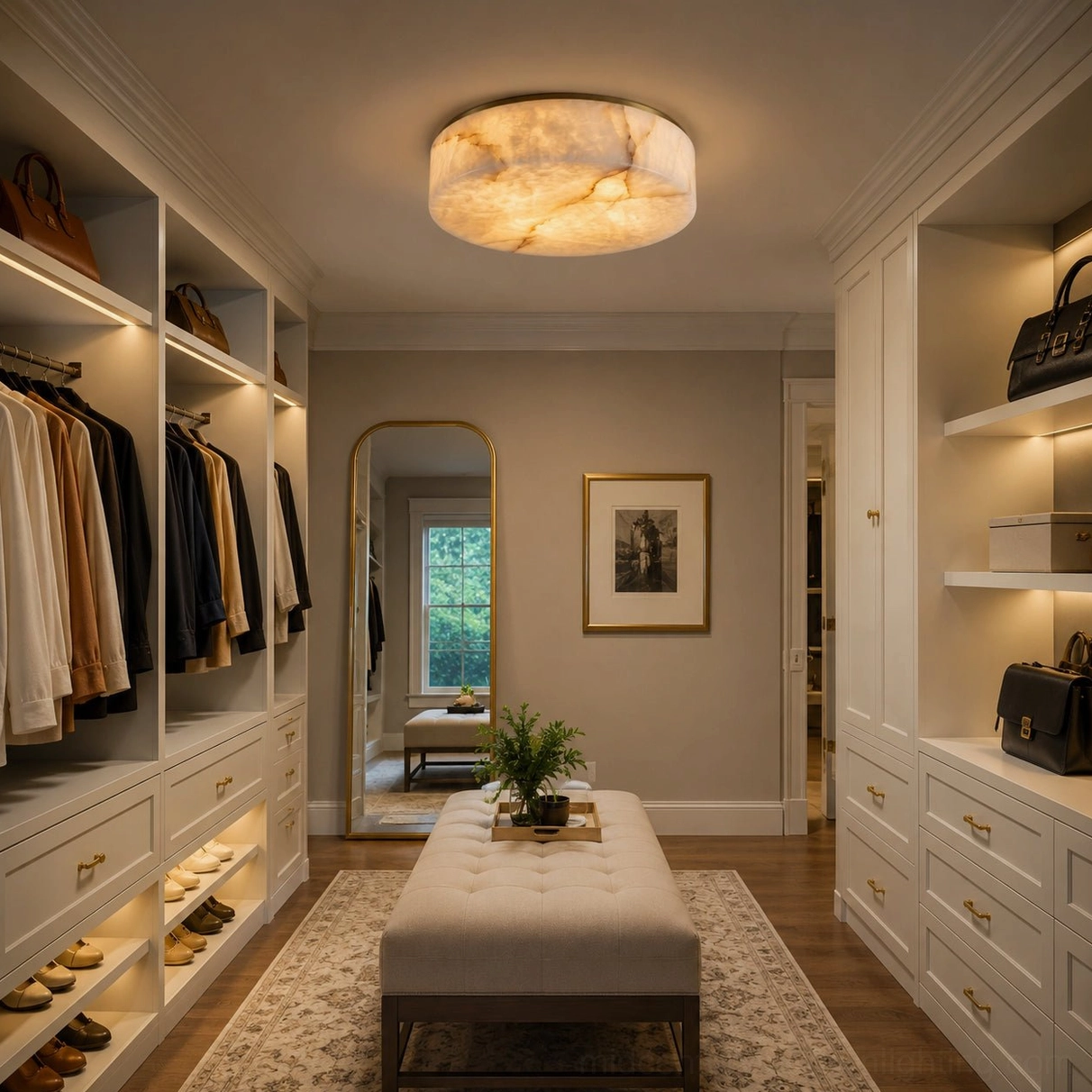 Bright alabaster ceiling flush mount light in luxury walk-in closet with modern classic design and bright contemporary styling