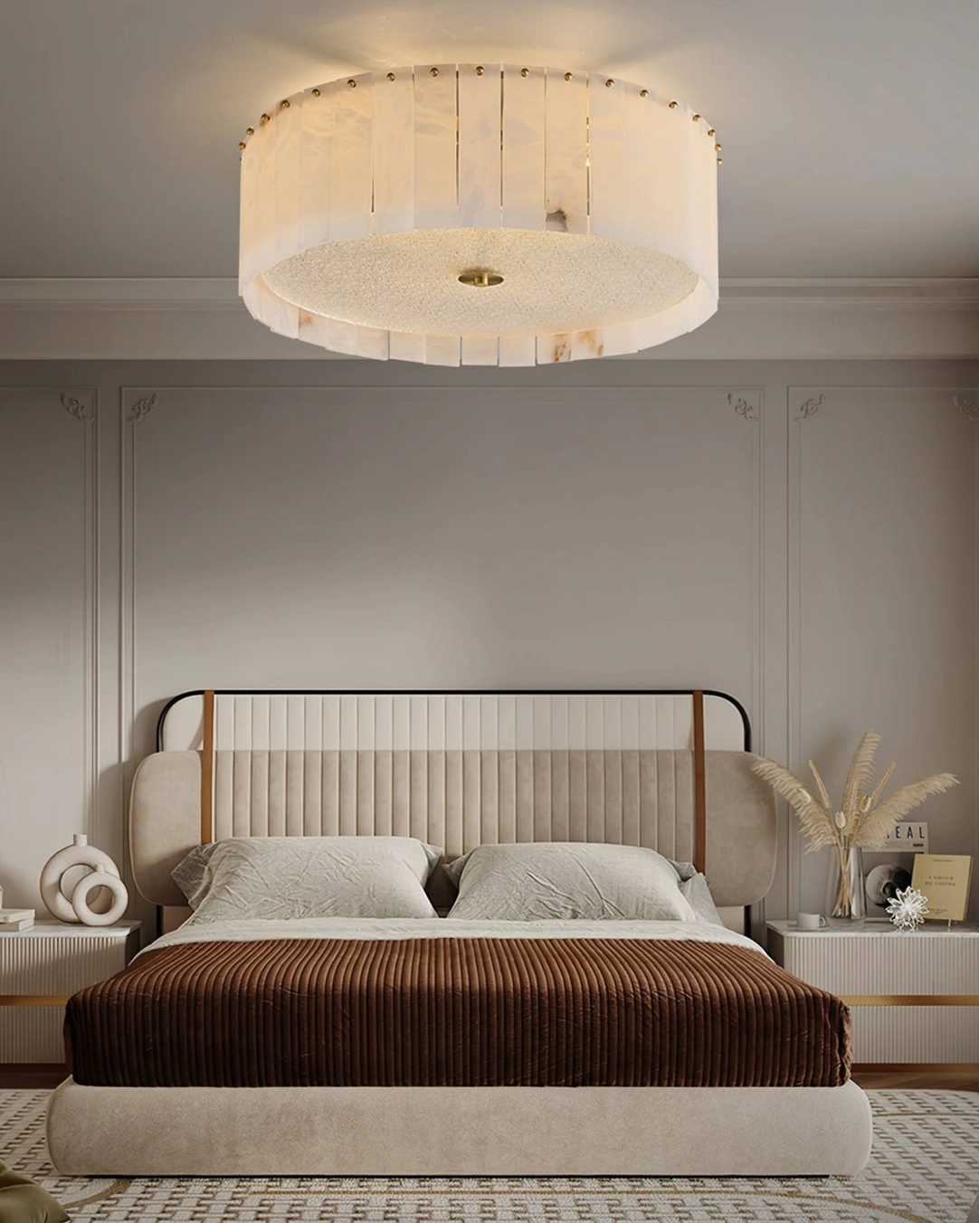 Mid-century alabaster ceiling lamp in luxury neoclassical bedroom with tufted bed
